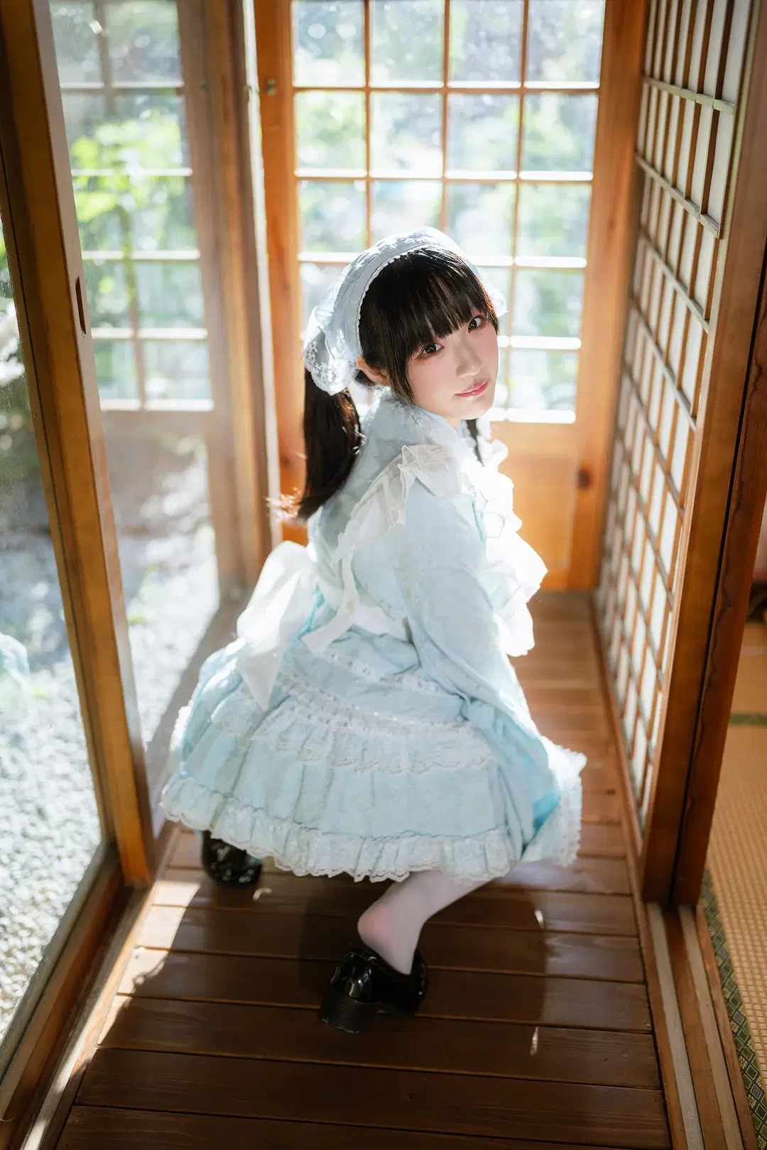 Mint White Chocolate Themed Photoshoot: Luminous Wooden Cabin Paired with Pale Blue Dress and White Stockings by HIRO_午饭饭 - Image 4