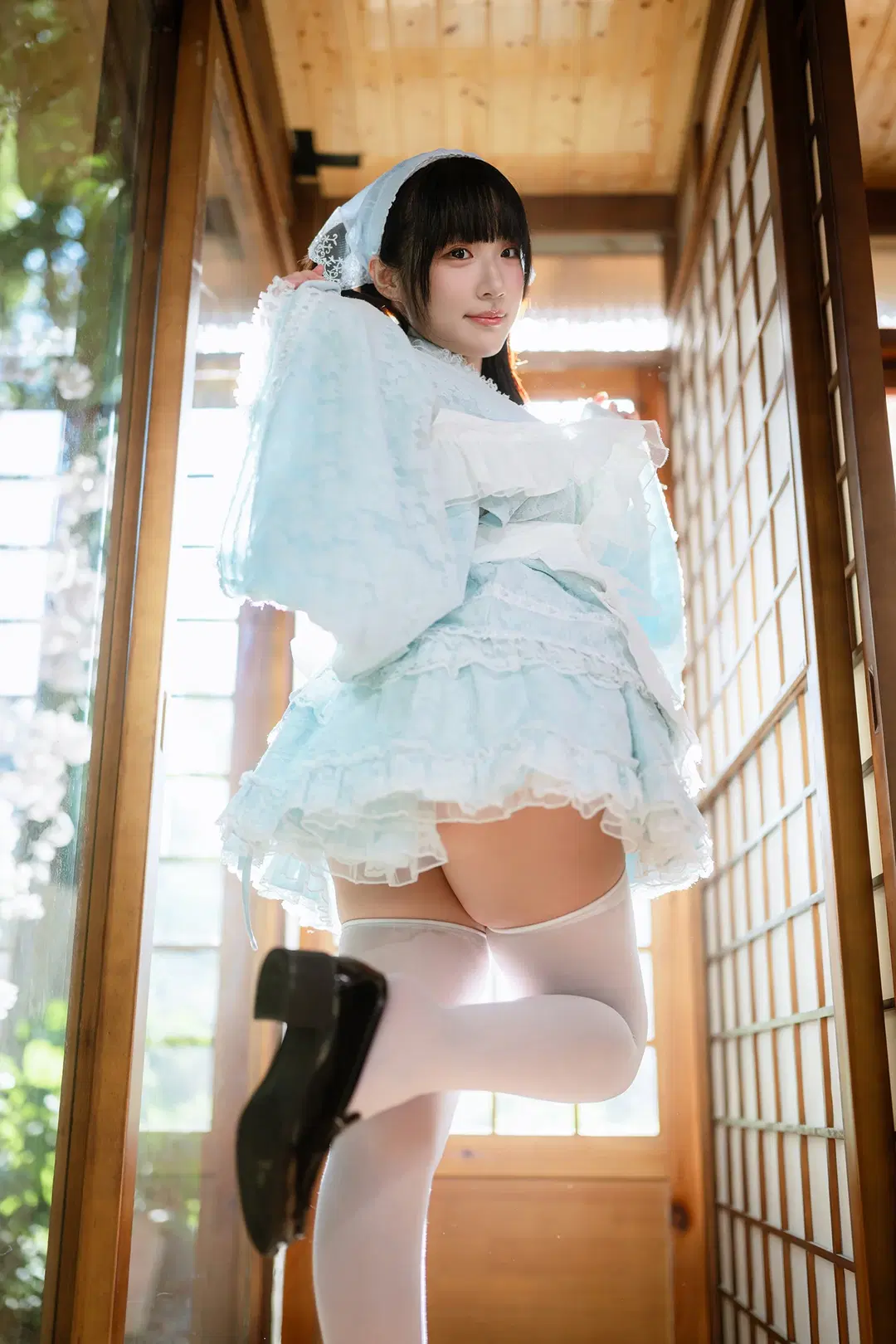Mint White Chocolate Themed Photoshoot: Luminous Wooden Cabin Paired with Pale Blue Dress and White Stockings by HIRO_午饭饭 - Image 9