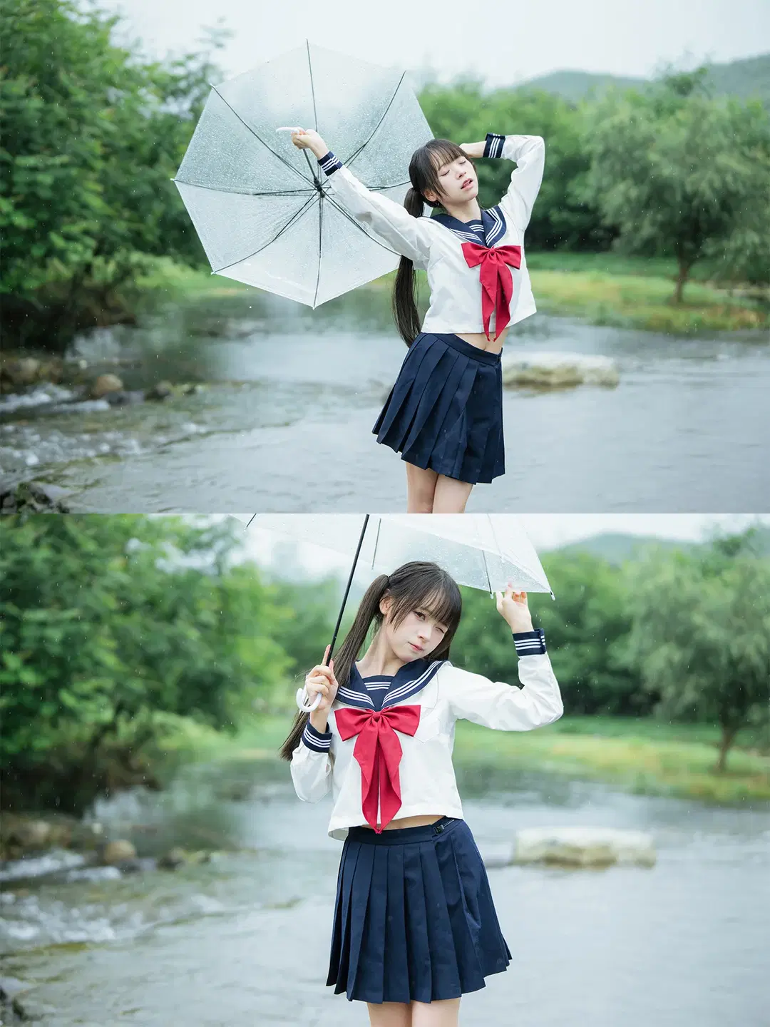 雨中的水手服：溪流與透明傘的外景拍攝 - HIRO_午饭饭 - 第11張