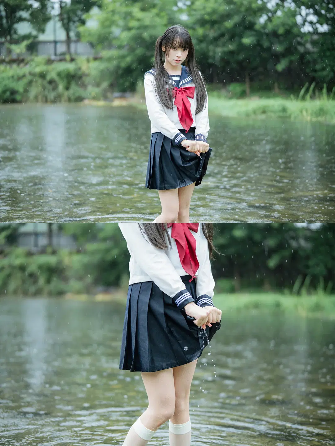 雨中的水手服：溪流與透明傘的外景拍攝 - HIRO_午饭饭 - 第15張