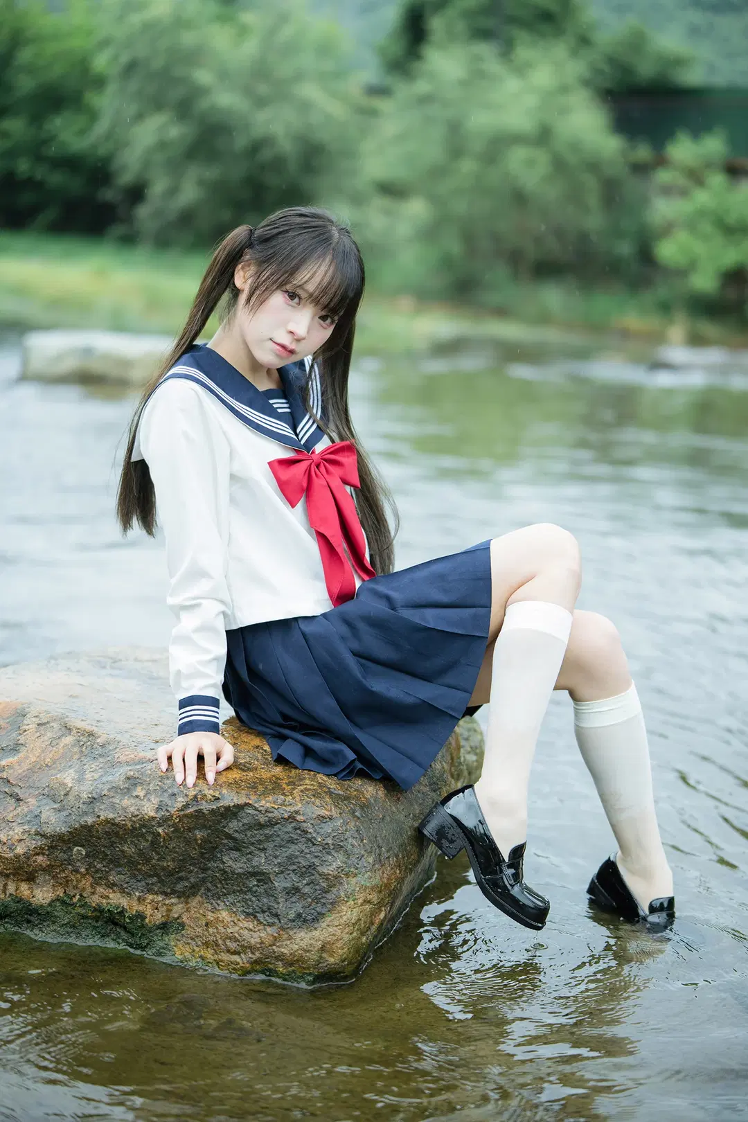 cosplay, 白丝, 水手服, 雨中摄影, 透明伞