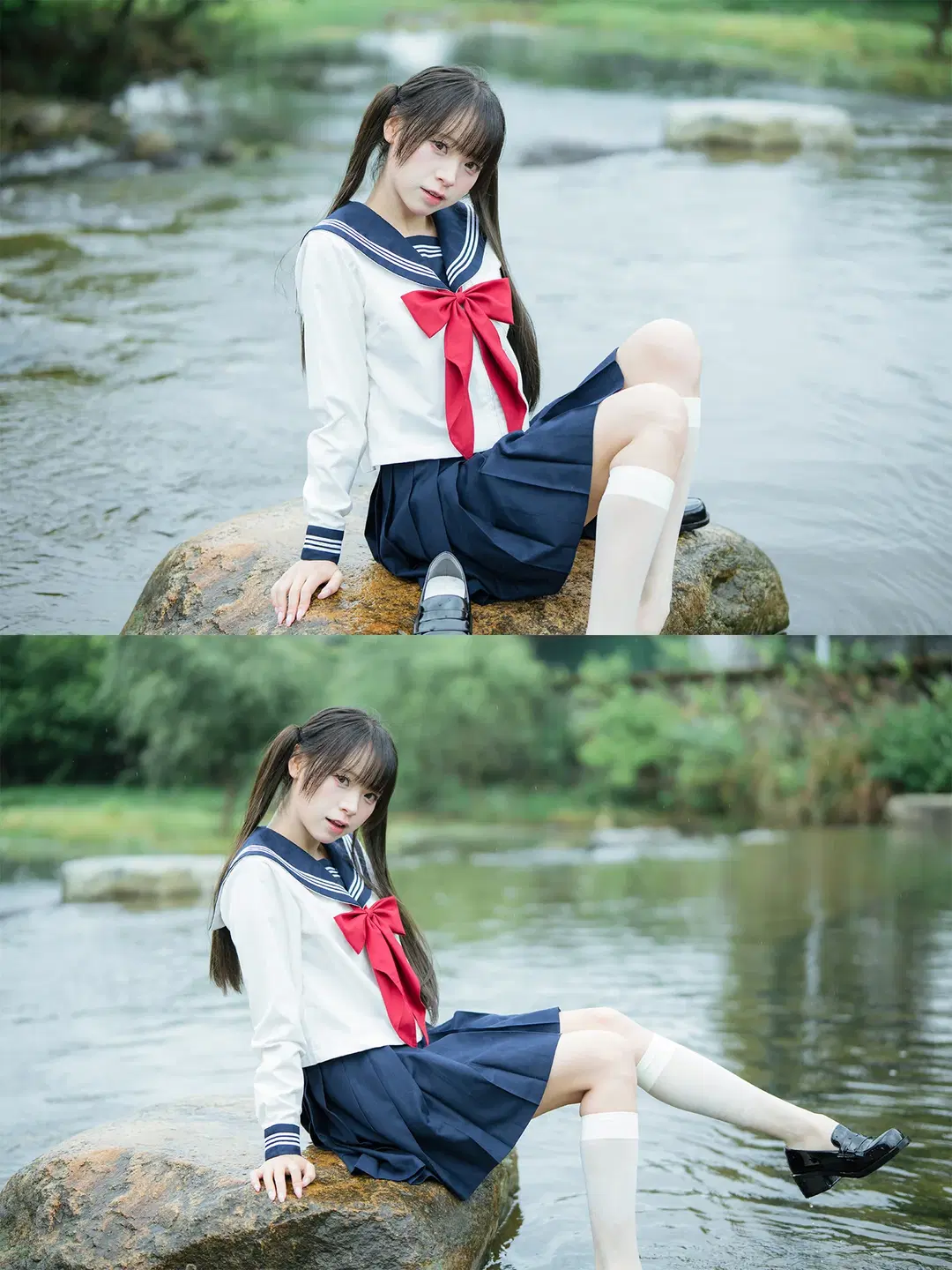 雨中的水手服：溪流與透明傘的外景拍攝 - HIRO_午饭饭 - 第4張