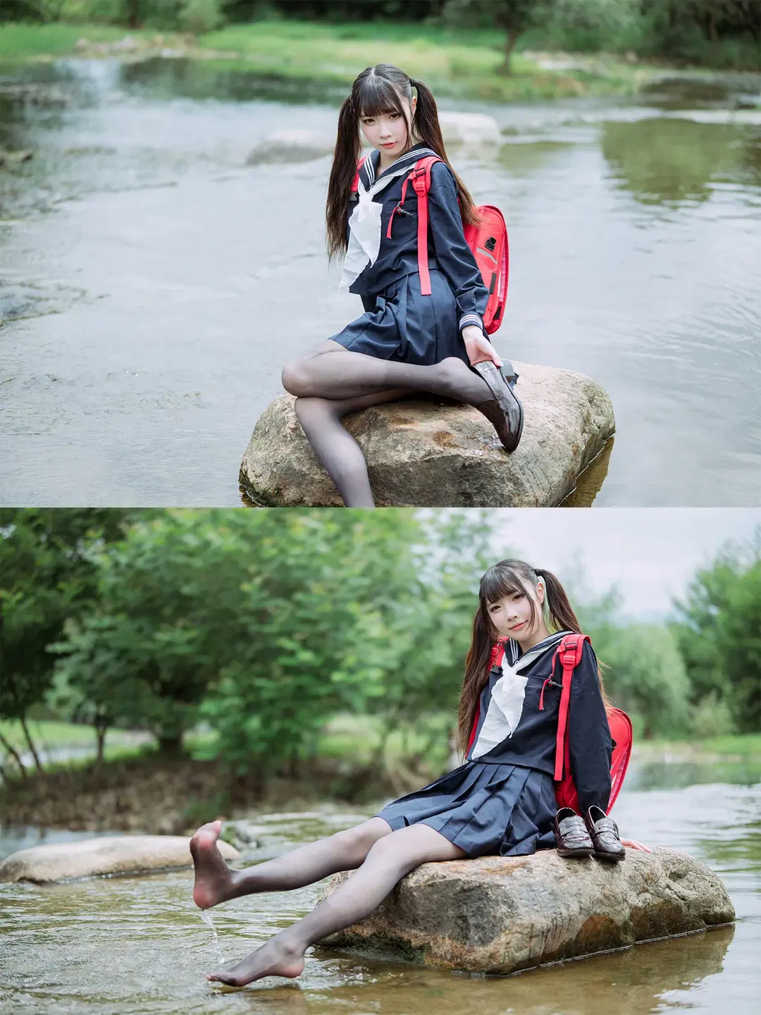 穿着水手服和黑丝在溪流里拍摄的户外日常 - HIRO_午饭饭 - 第3张