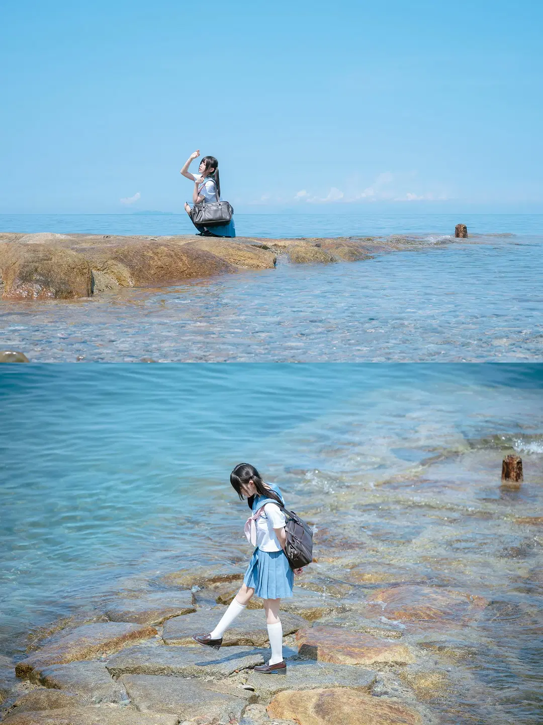 海边水手服双马尾，正午顶光下的日系氛围感写真 - HIRO_午饭饭 - 第18张