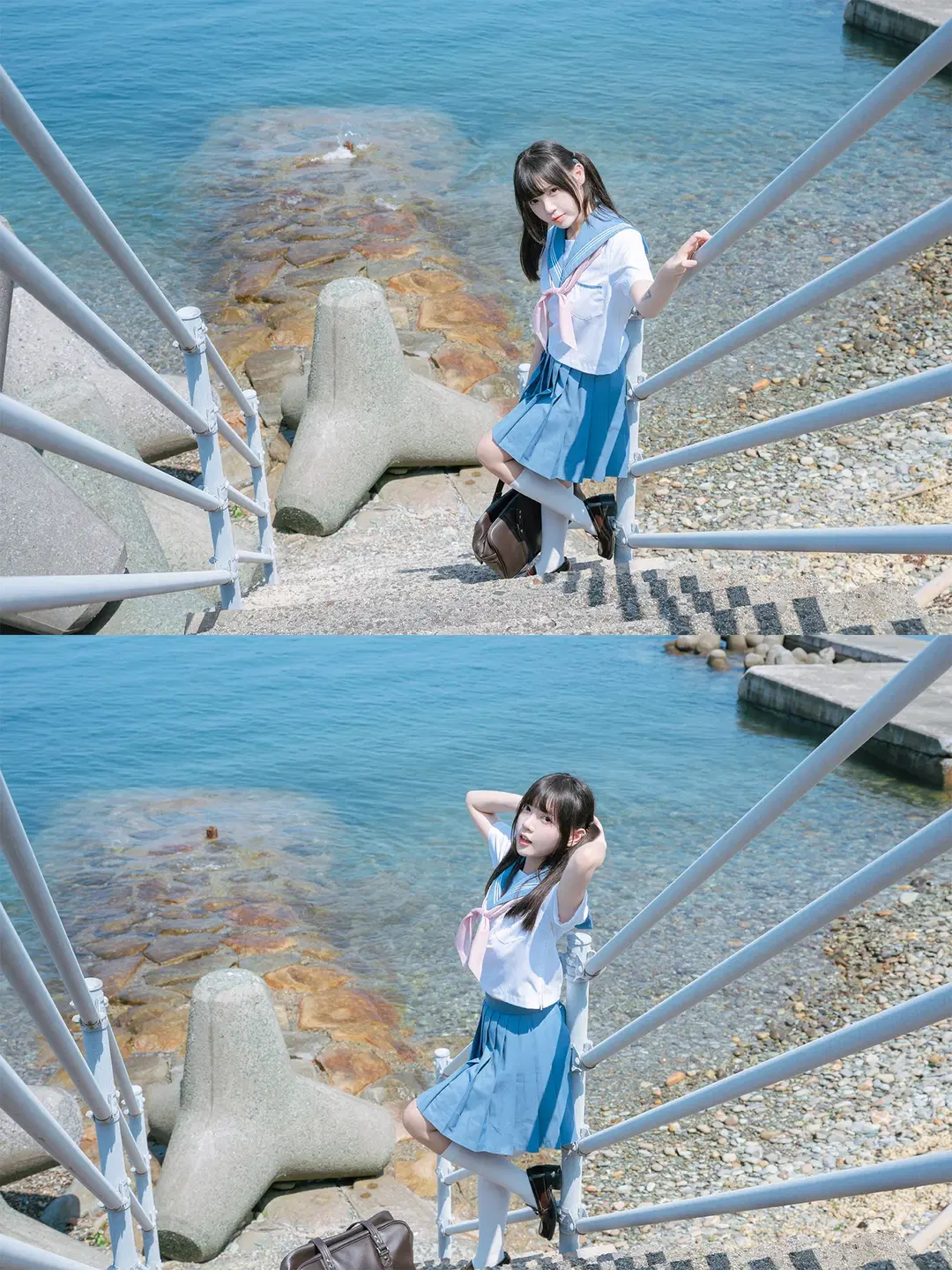 海边水手服双马尾，正午顶光下的日系氛围感写真 - HIRO_午饭饭 - 第5张