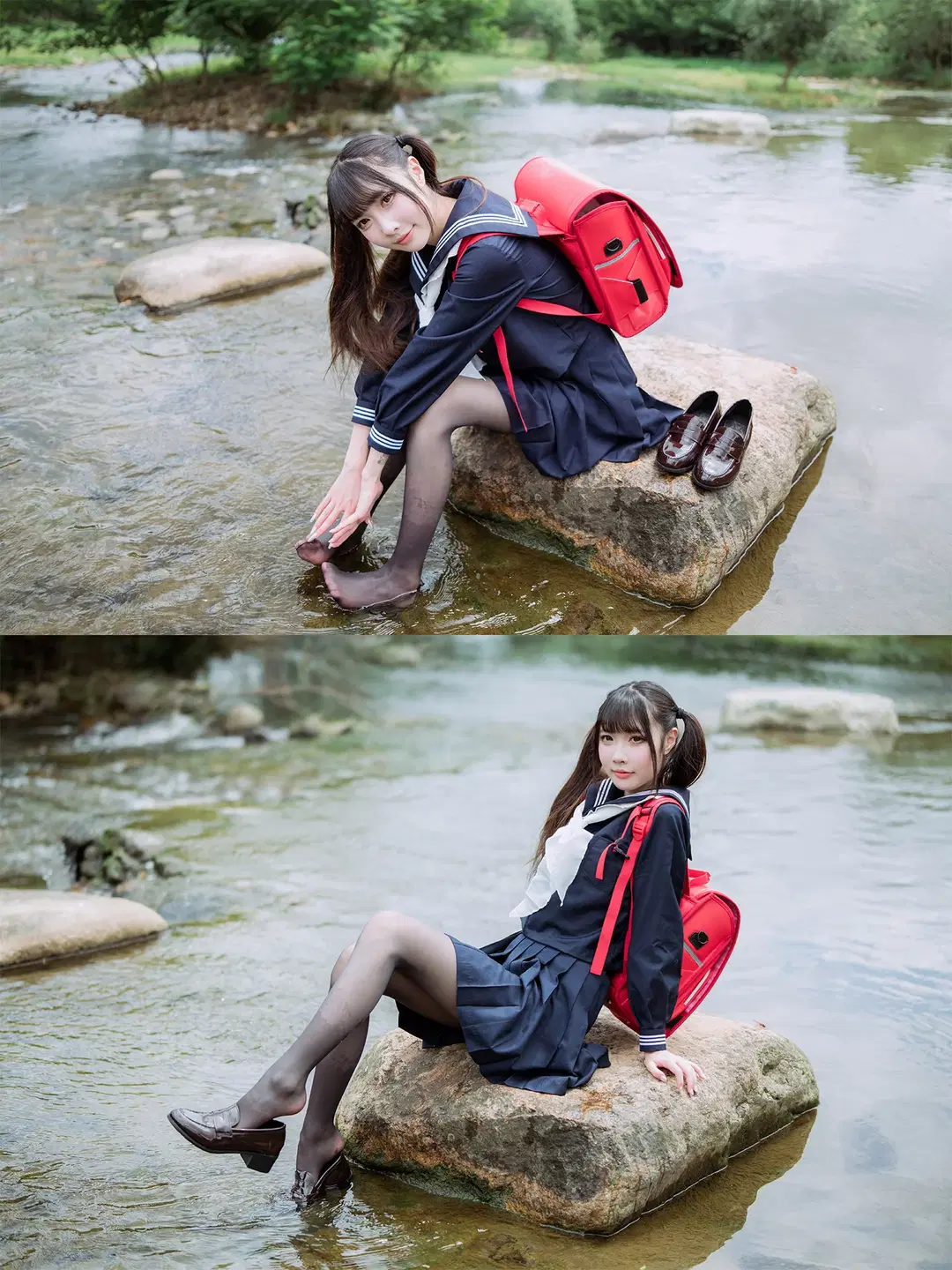 渓流のセーラー服とツインテール、赤いリュックと黒ストッキングの渓流屋外撮影の記録 - HIRO_午饭饭 - 11枚目