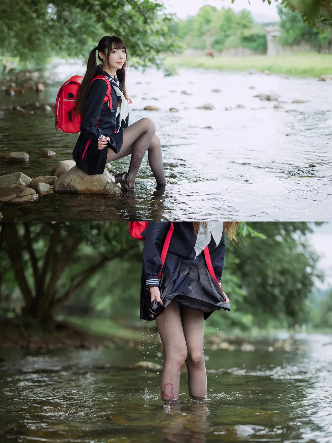渓流のセーラー服とツインテール、赤いリュックと黒ストッキングの渓流屋外撮影の記録 - HIRO_午饭饭 - 14枚目