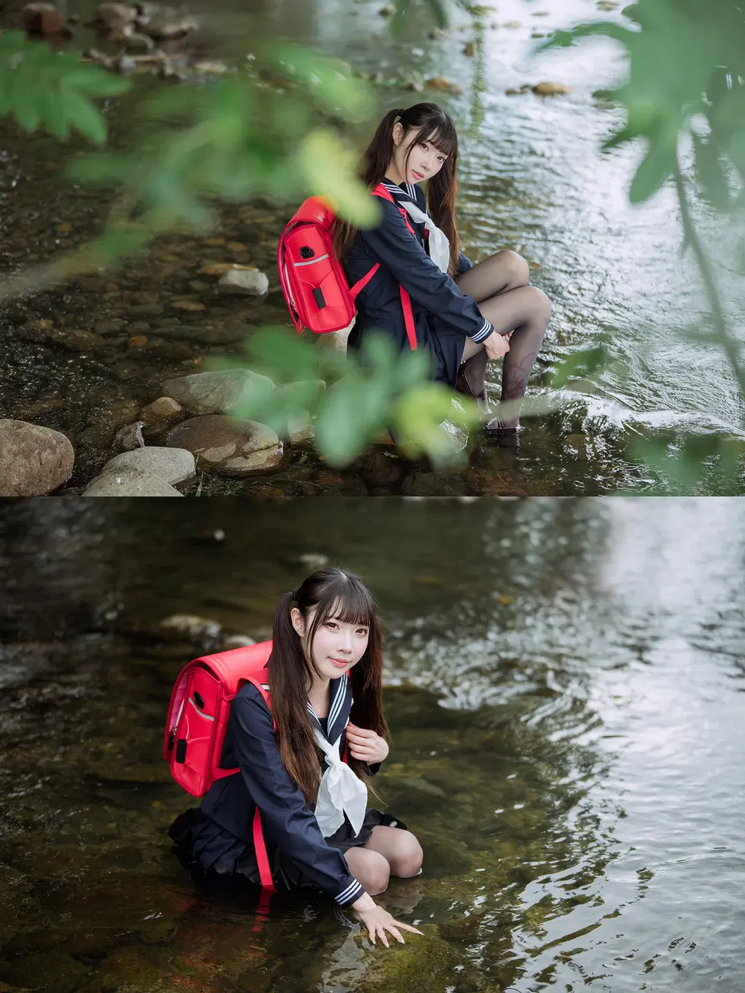 渓流のセーラー服とツインテール、赤いリュックと黒ストッキングの渓流屋外撮影の記録 - HIRO_午饭饭 - 2枚目