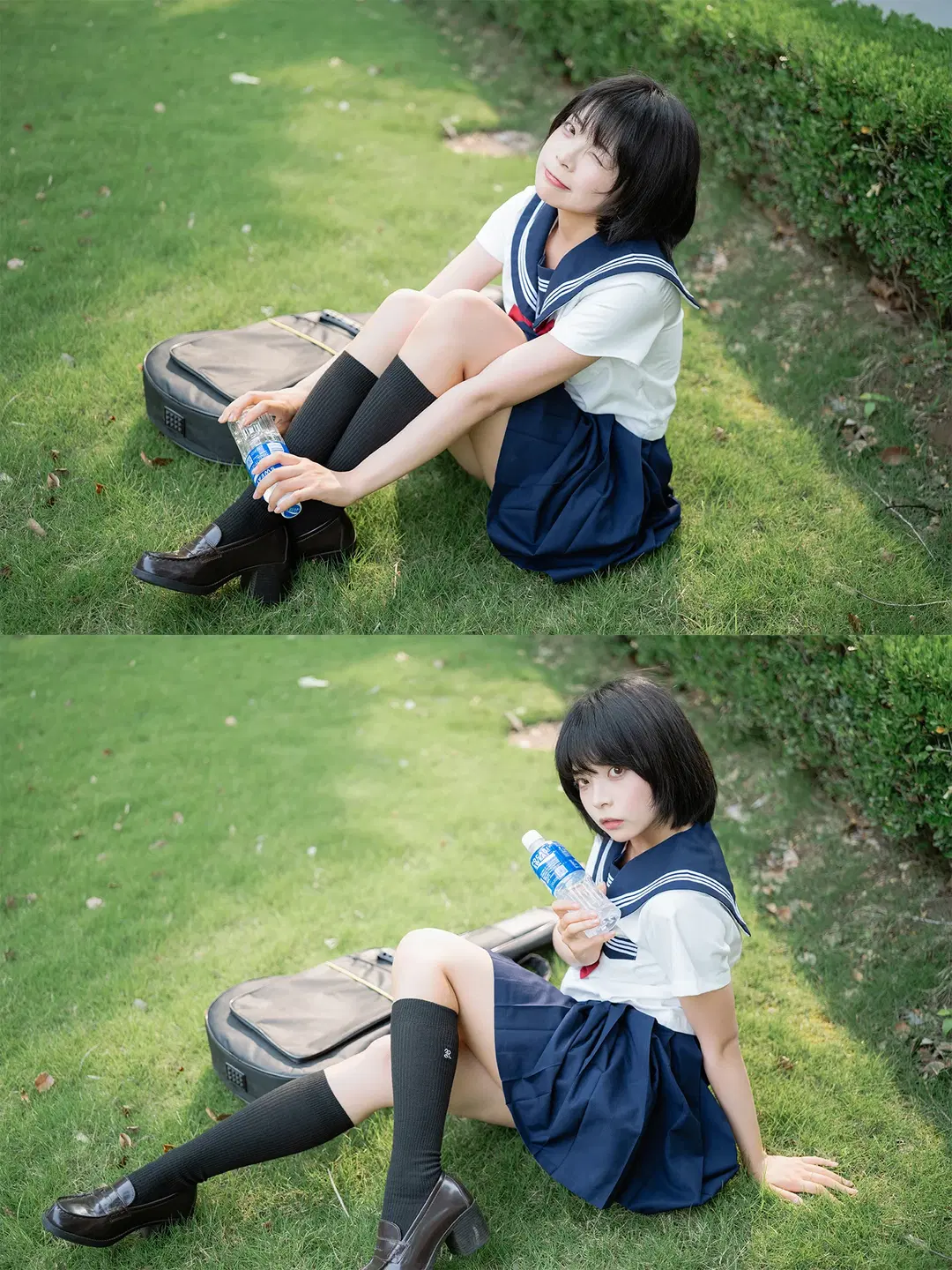 夏日水手服外拍記錄：藍色看臺上的黑絲與琴盒 - HIRO_午饭饭 - 第13張
