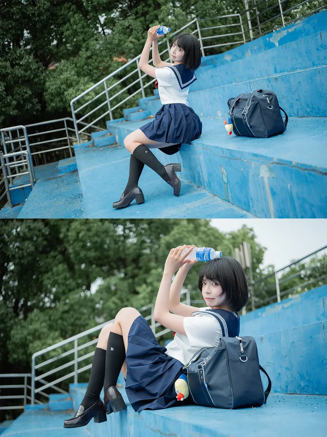 夏日水手服外拍記錄：藍色看臺上的黑絲與琴盒 - HIRO_午饭饭 - 第2張