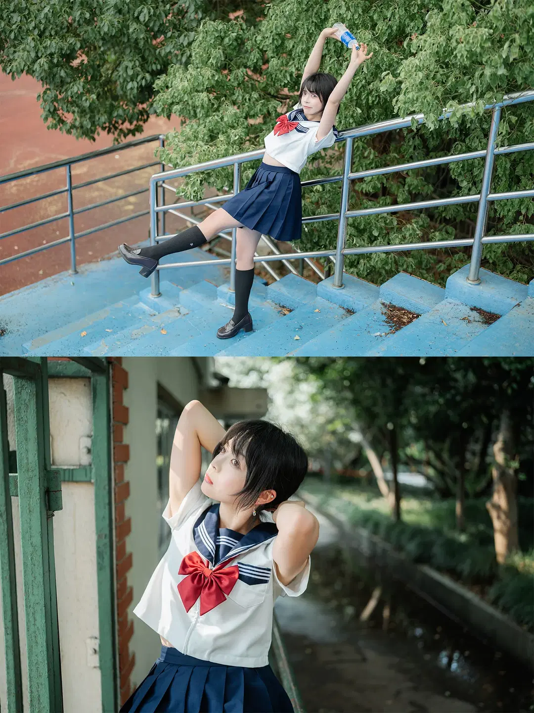 夏日水手服外拍記錄：藍色看臺上的黑絲與琴盒 - HIRO_午饭饭 - 第6張