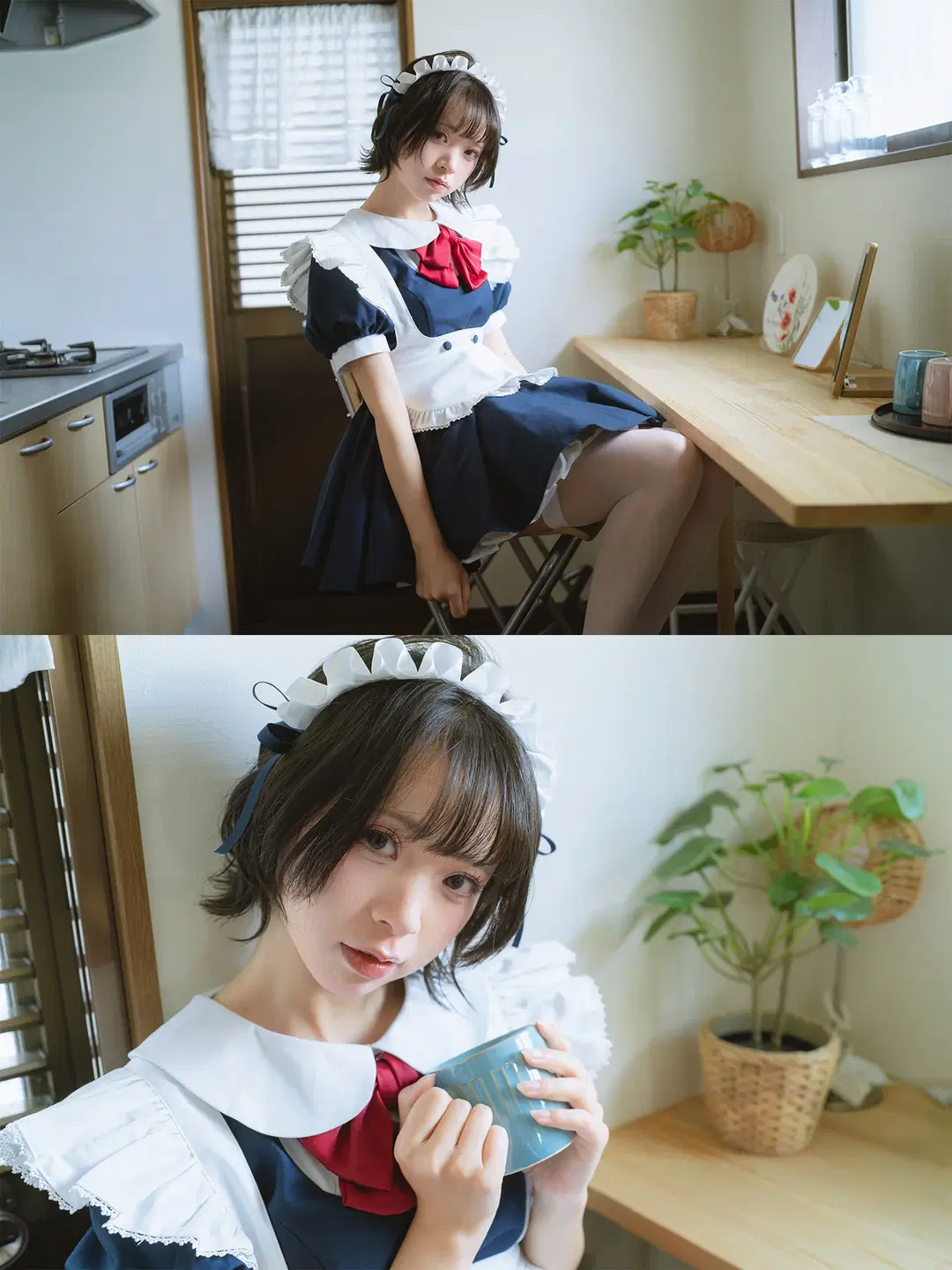个人女仆装室内写真，搭配白丝与木桌的安静日常 - HIRO_午饭饭 - 第4张