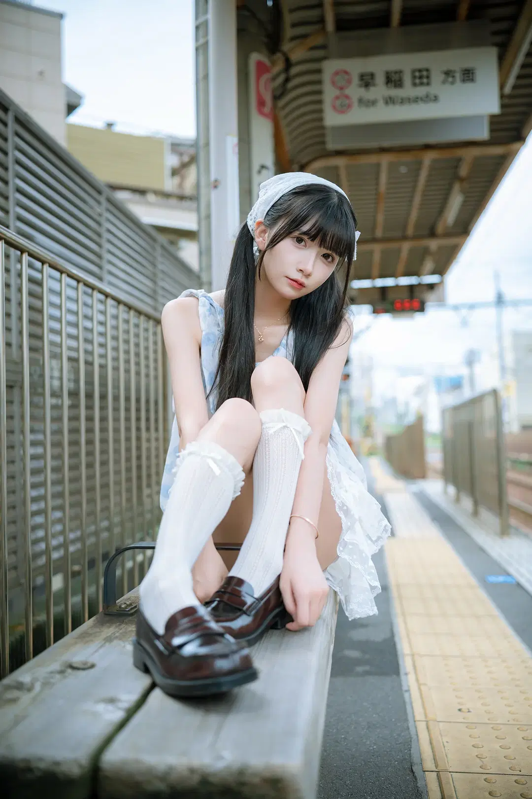 Japanese-style cosplay, Asukayama, Knee-high socks outfit, Railway photography, Overcast portrait