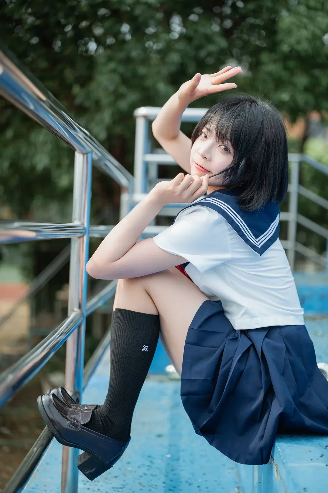 Basic Sailor suit Paired with Black knee-high socks: Japanese style photography at an Old Sports Field by HIRO_午饭饭 - Image 2