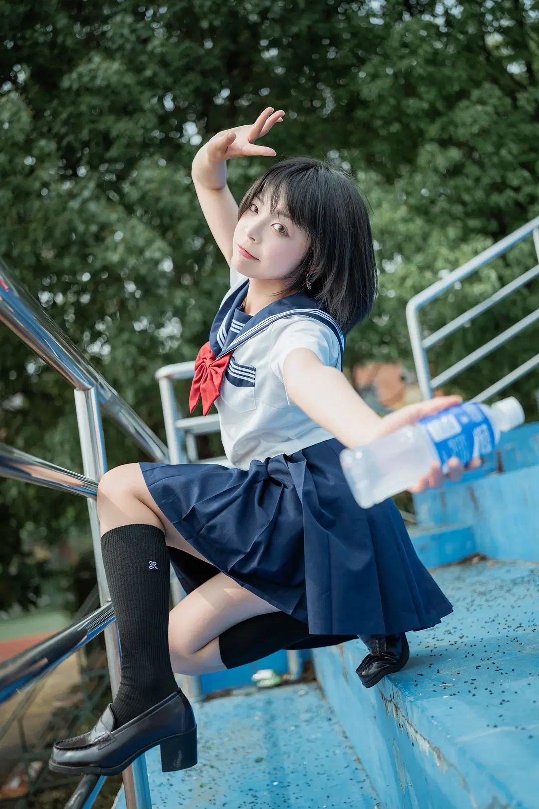 Basic Sailor suit Paired with Black knee-high socks: Japanese style photography at an Old Sports Field by HIRO_午饭饭 - Image 3