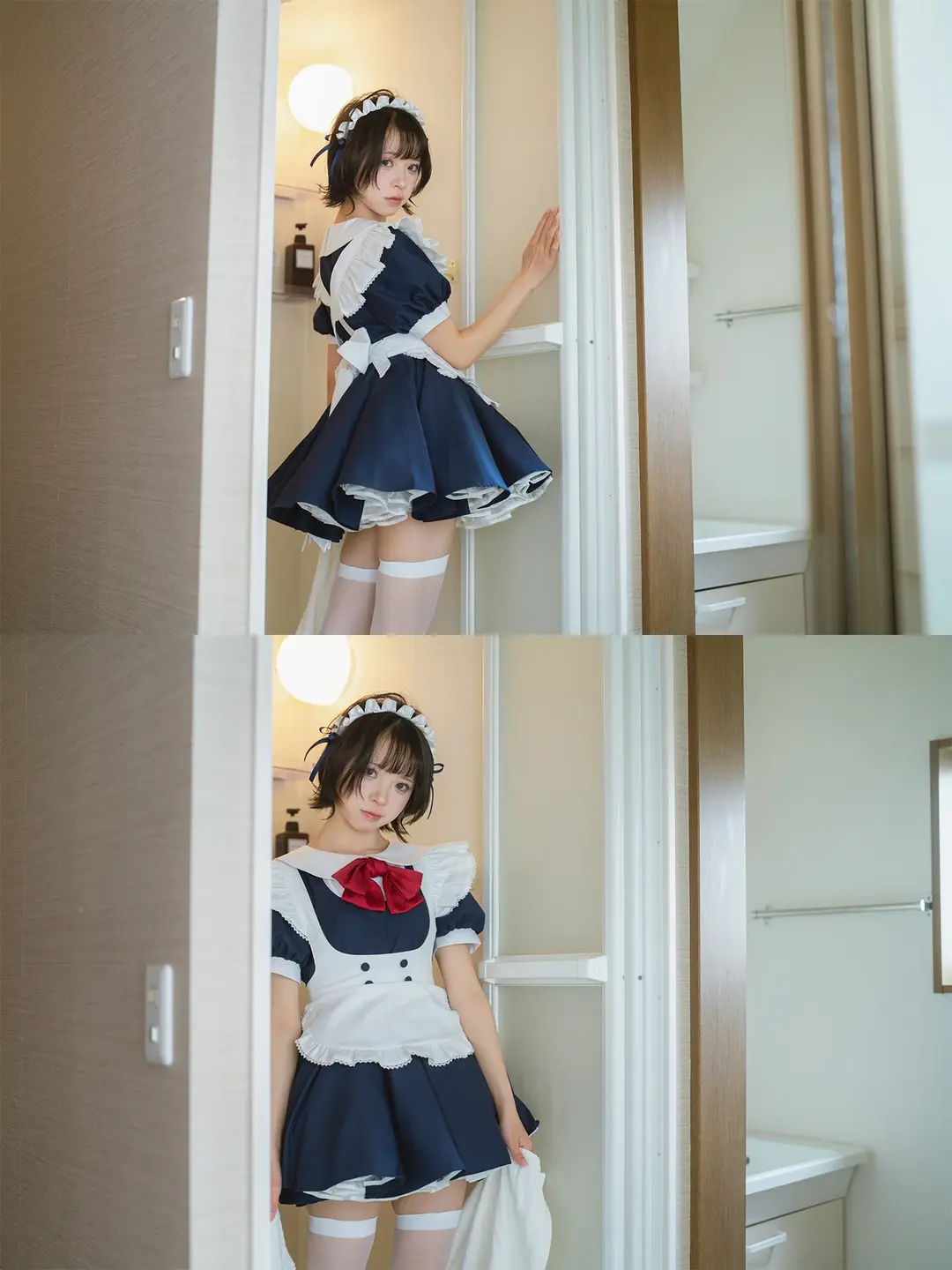 cosplay摄影, 女仆装cos, 白丝过膝袜, 浴室写真, 索尼A7R3 - 第5张