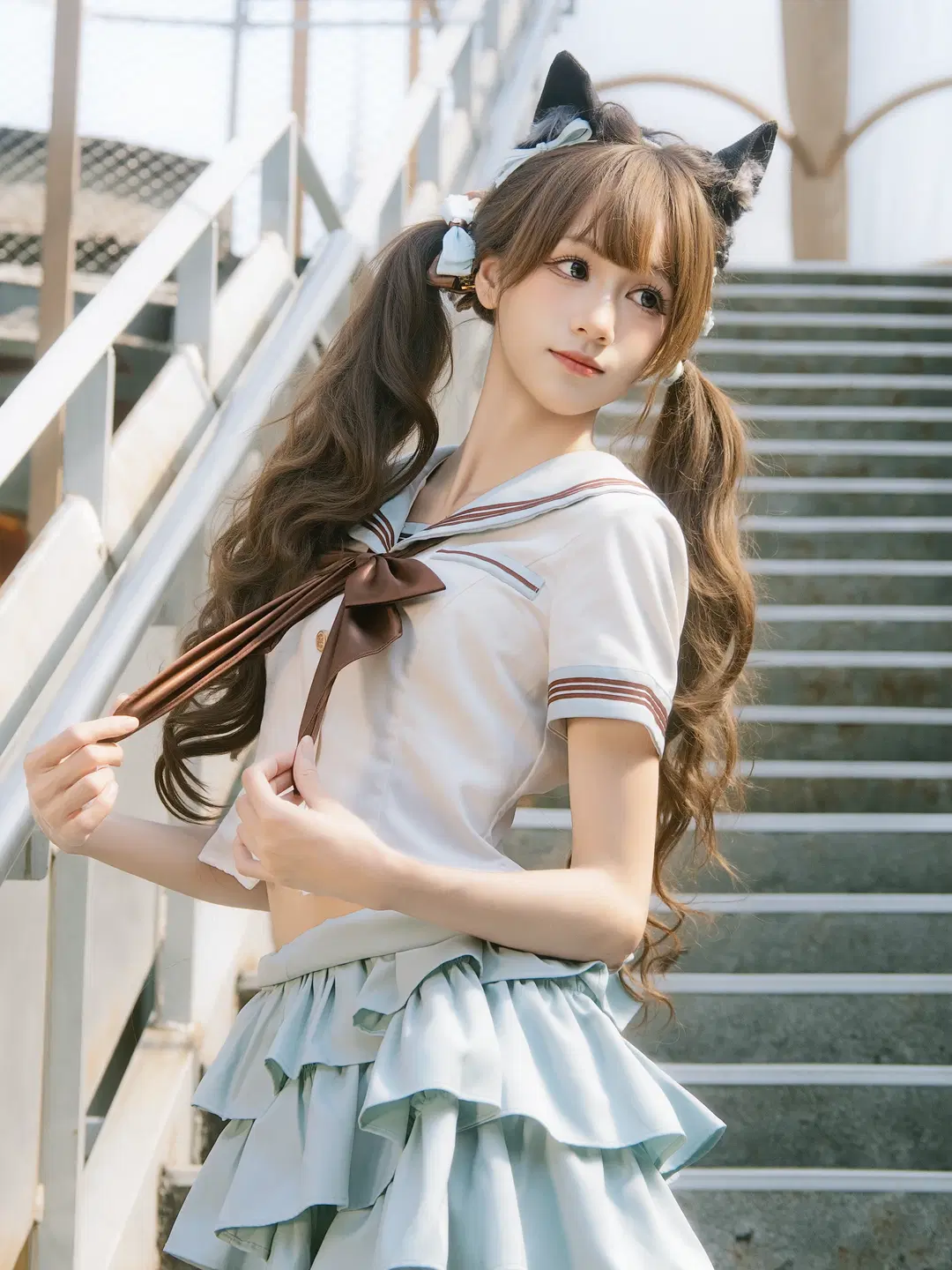 夏日楼梯间的双马尾水手服少女写真 - 北面色影 - 第4张