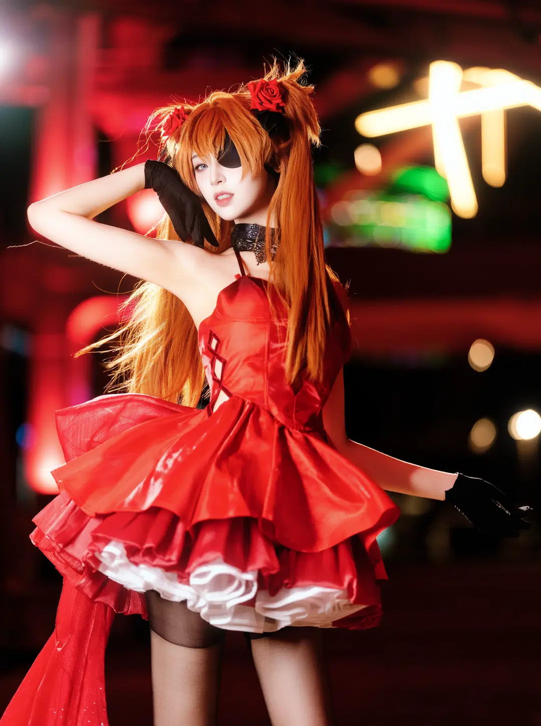 夜景ポートレート, アスカコスプレ, 新世紀エヴァンゲリオン, 黒ストッキング, トライデントの小道具