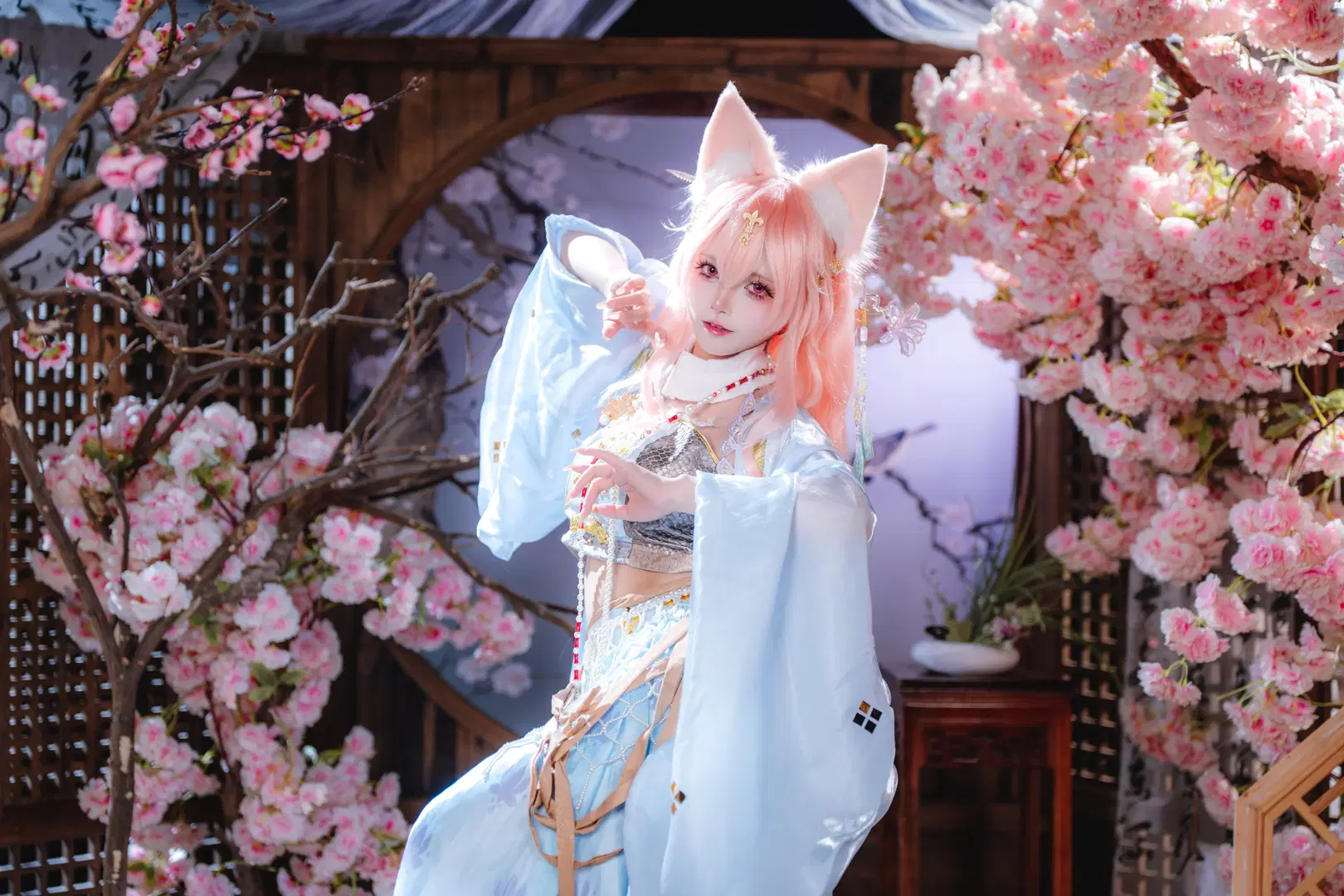 【鸿雪cos】行梦侧畔的樱花纸伞，蓝纱摇曳拍出东方仙气 - 青阳 - 第3张