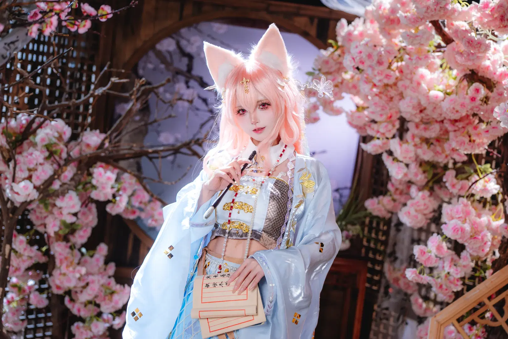 【鸿雪cos】行梦侧畔的樱花纸伞，蓝纱摇曳拍出东方仙气 - 青阳 - 第4张