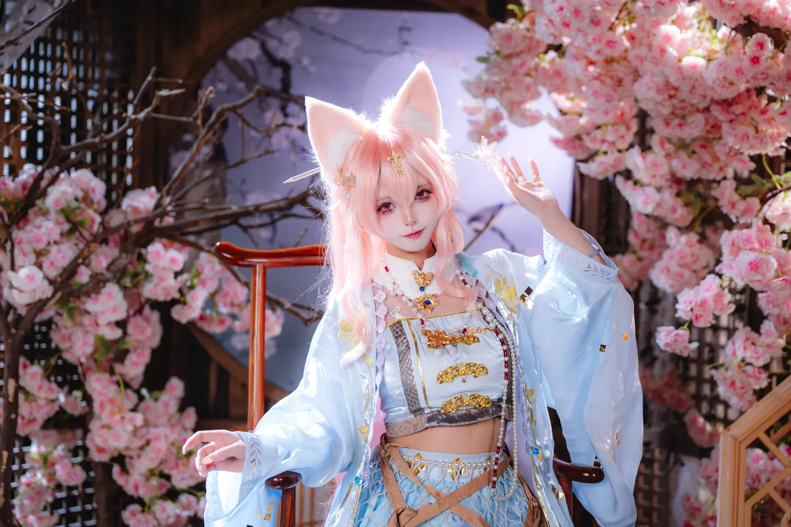 【鸿雪cos】行梦侧畔的樱花纸伞，蓝纱摇曳拍出东方仙气 - 青阳 - 第5张