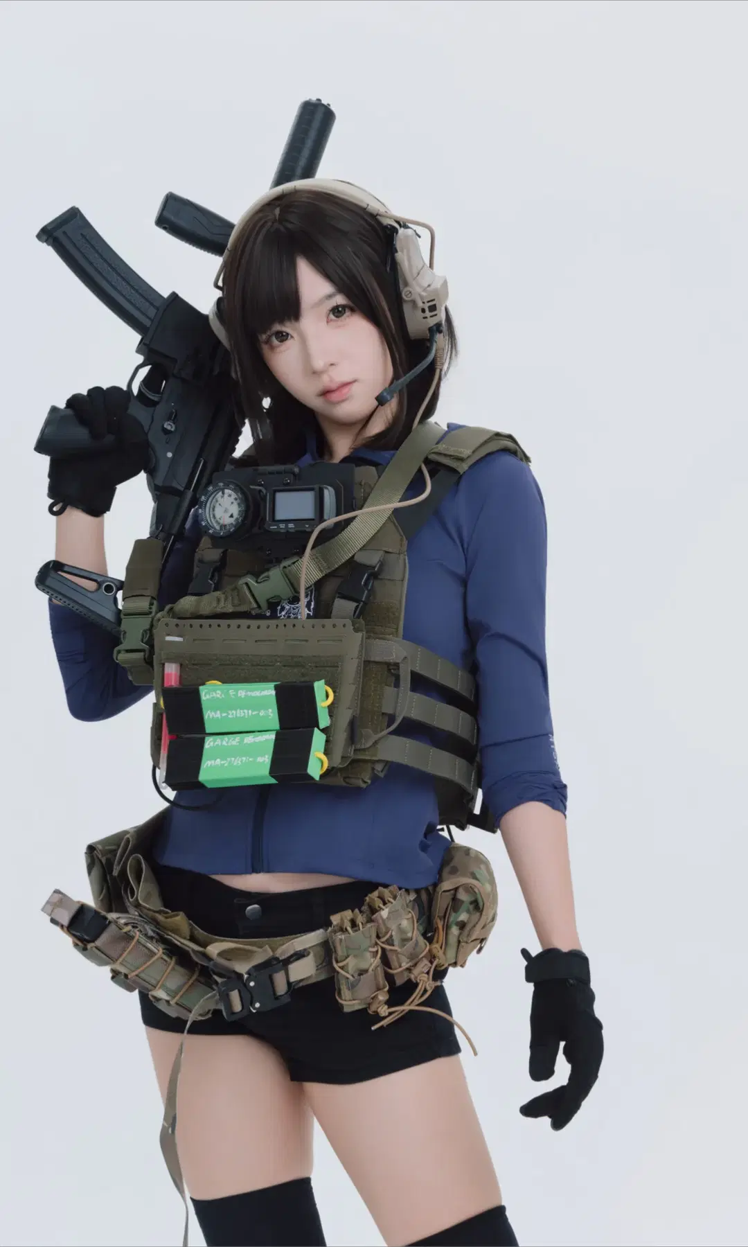 【戦術少女】タクティカル装備が重すぎて泣きそう！スタジオ撮影によるタクティカルスタイル｜黒ストッキングコスプレ - TimeAfterTime - 6枚目