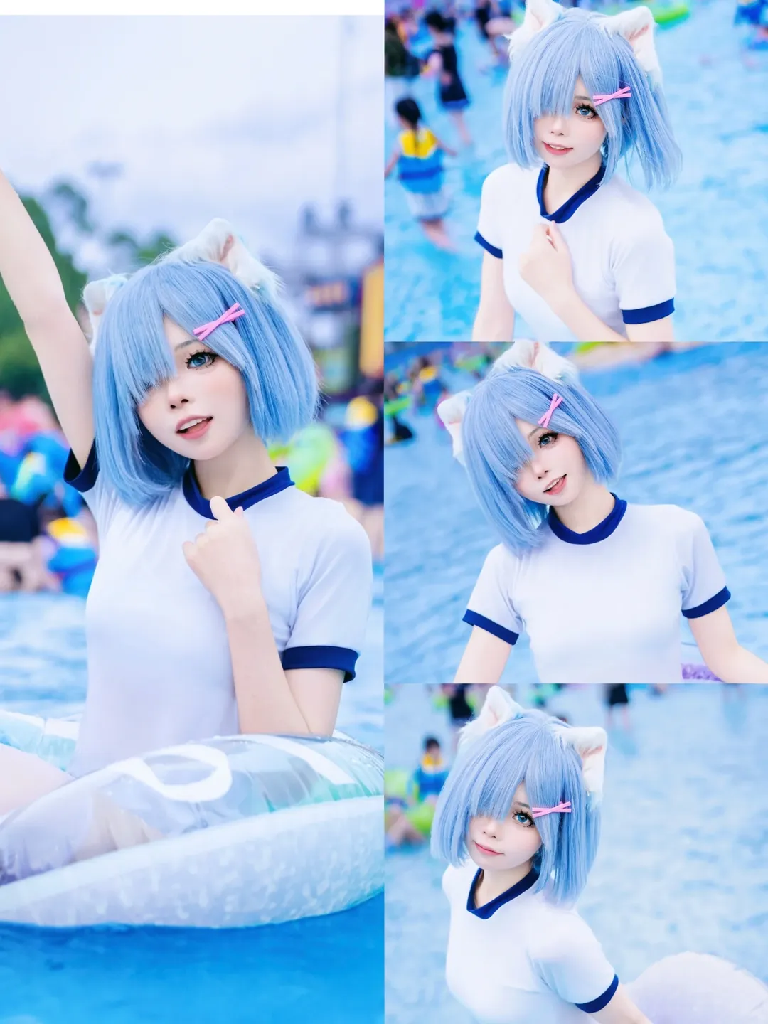 二次元, 蕾姆cos, 动作参考, 泳池写真, 白丝 - 第1张