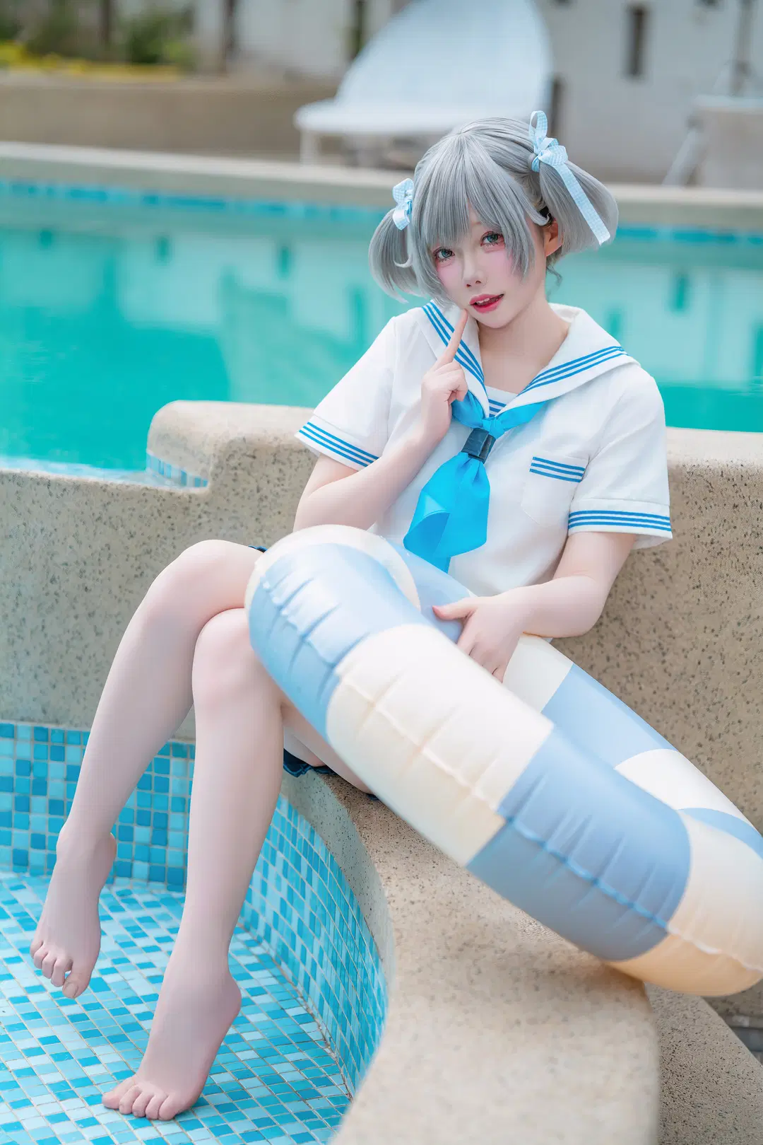cosplay, 泳池写真, 水手服, jk制服, 银发双马尾