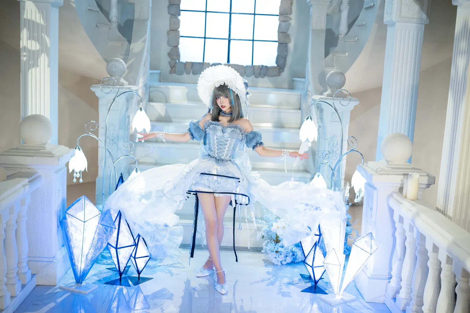 柴郡cos, 二次元cosplay, 蓝白洋装, 洛丽塔写真, 棚拍布景