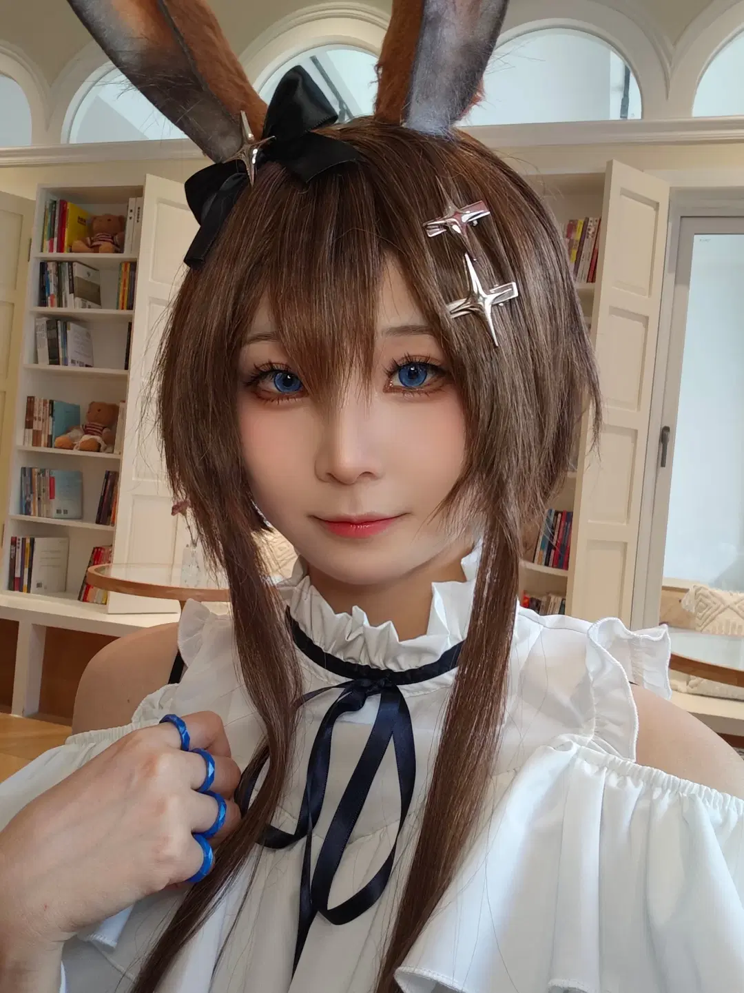 Anime cosplay, Arknights, Amiya cosplay, Blue colored contact lenses, Bunny ear hair accessories