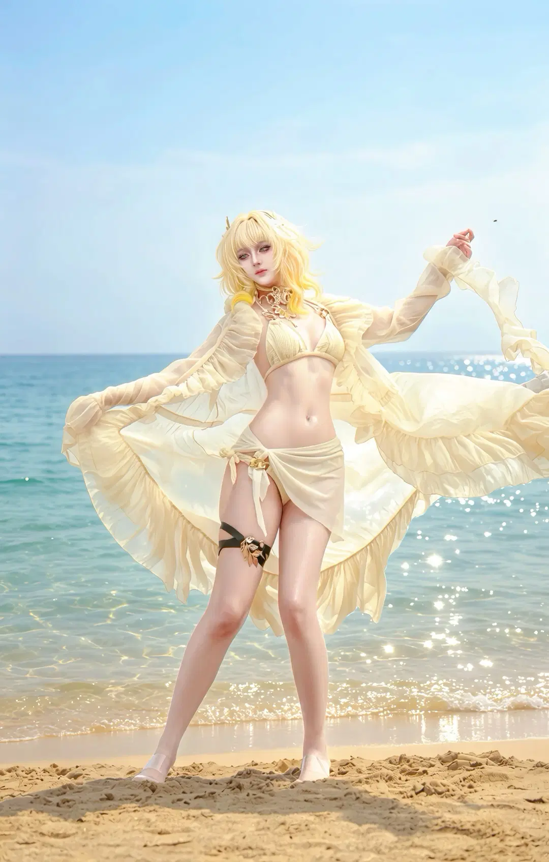 cosplay, 阿格莱雅cos, 崩坏星穹铁道, 白丝, 海边泳装