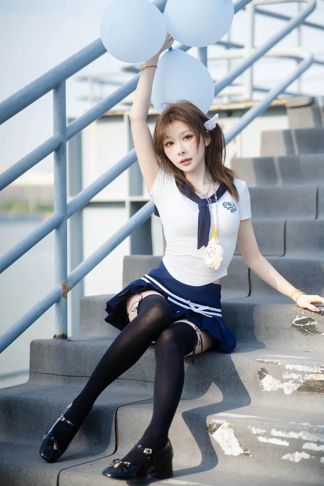 氛围感, JK制服, 黑丝过膝袜, 夏日限定, 江边写真