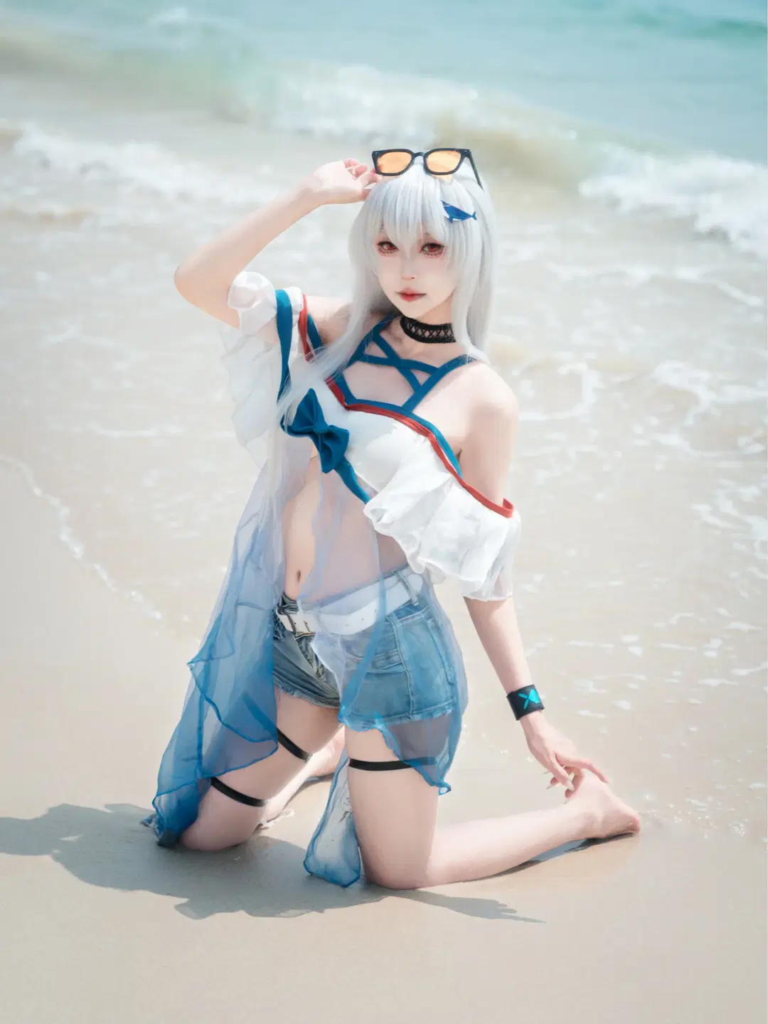 cosplay, 海边摄影, 明日方舟, 夏日泳装, 斯卡蒂cos