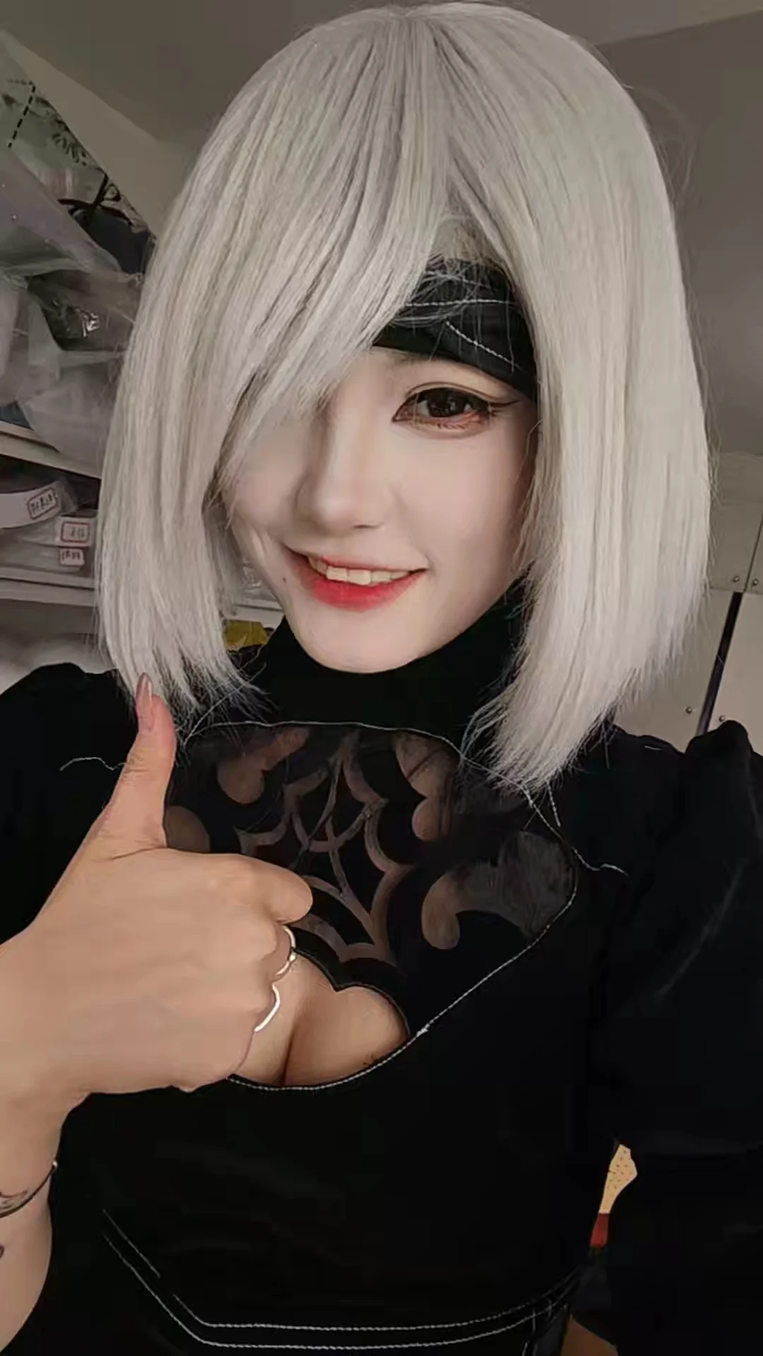 2B cosplay, Silver-white wig, Eyepatch, NieR: Automata, Spiderweb cut-out