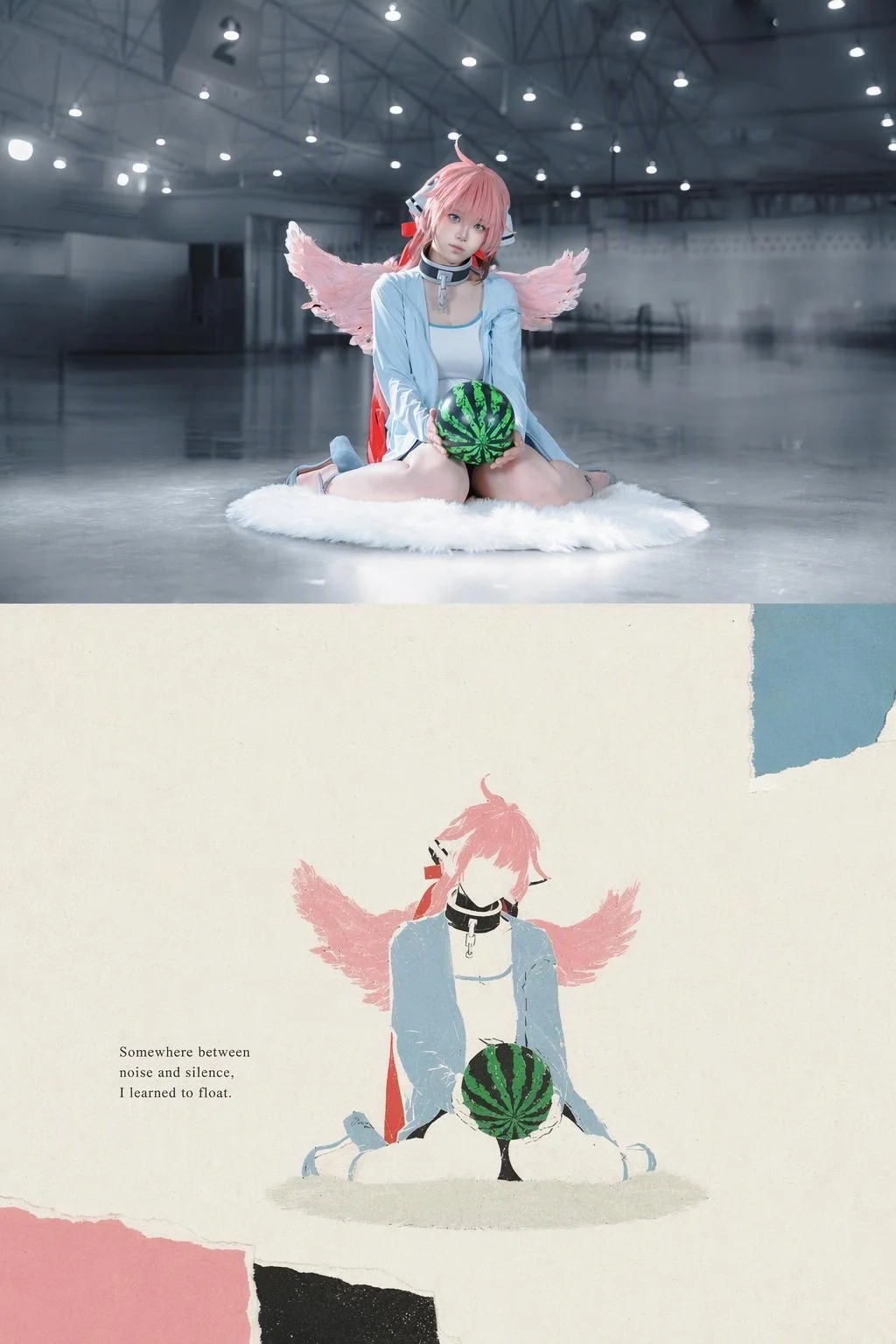 cosplay, 棚拍写真, 红发双马尾, 粉发羽毛翅膀, 奇幻风格装扮