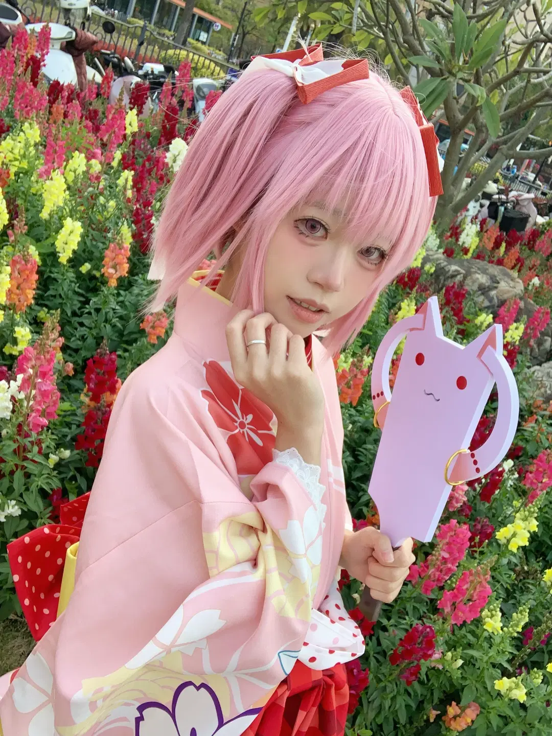 鹿目圆cos, 魔法少女小圆, 粉色系, 和服cos, 花园外景