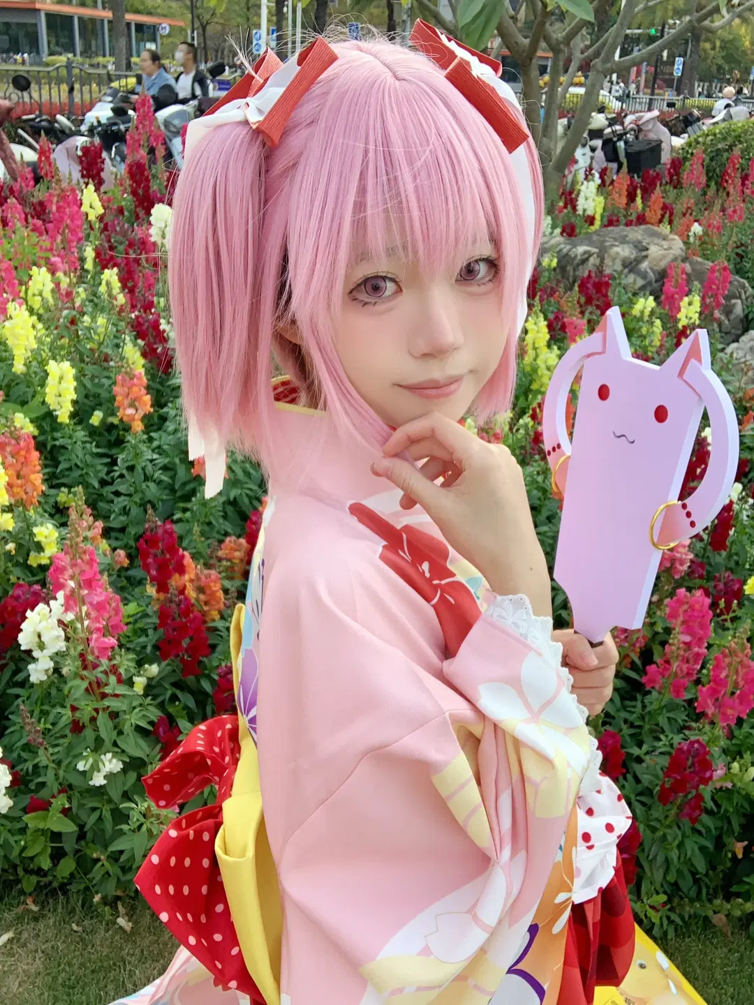 鹿目圆cos, 魔法少女小圆, cos日常, 和服cosplay, 户外赏花