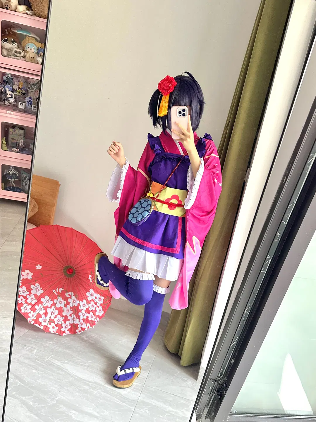 【小鸟游六花cos】紫粉和服搭配过膝长筒袜，居家自拍记录 - 了了ovo - 第2张