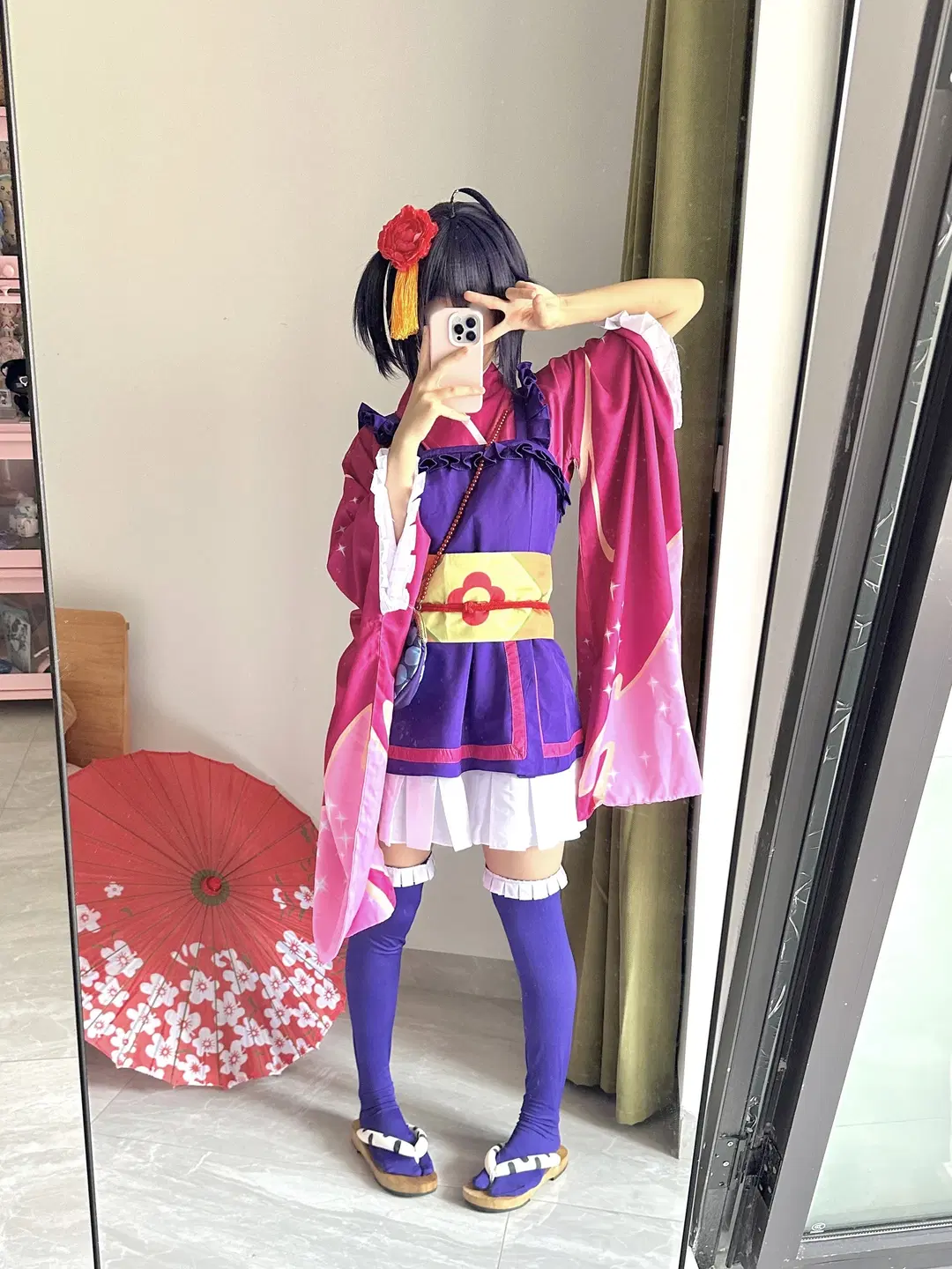 【小鸟游六花cos】紫粉和服搭配过膝长筒袜，居家自拍记录 - 了了ovo - 第3张