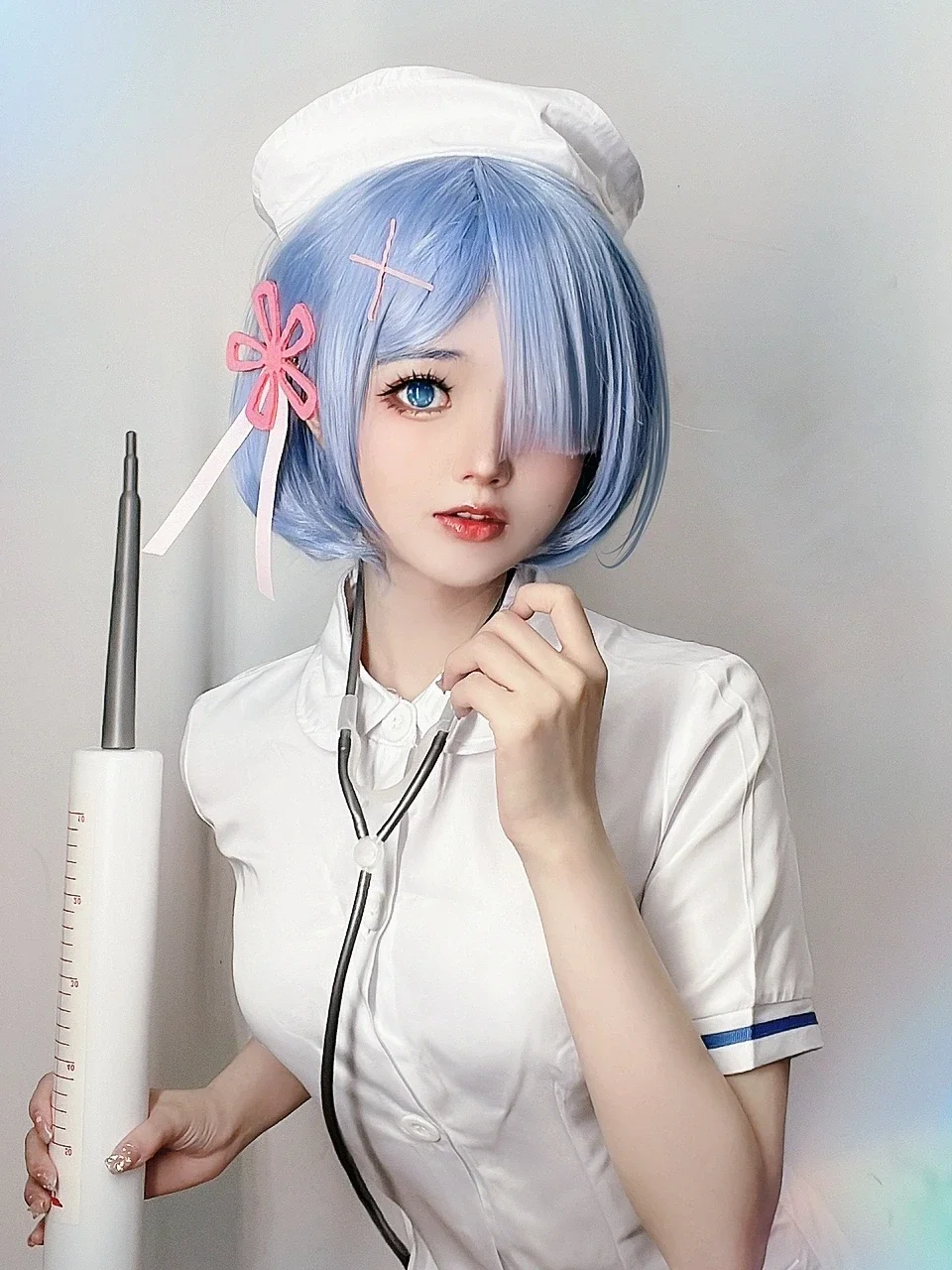 Anime cosplay, Rem cosplay, Blue short hair, Nurse uniform, Giant syringe prop - Image 1
