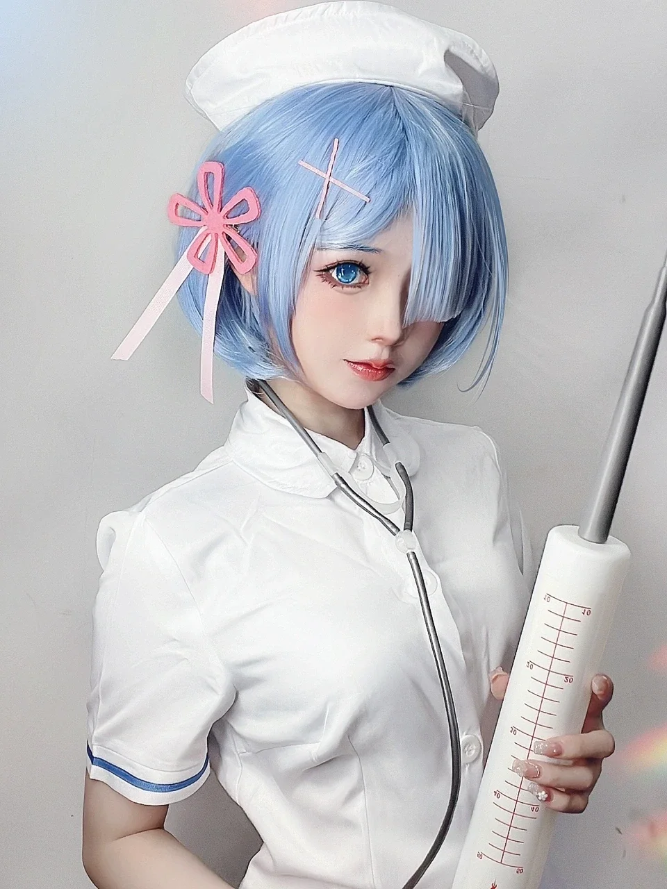 Anime cosplay, Rem cosplay, Blue short hair, Nurse uniform, Giant syringe prop - Image 2