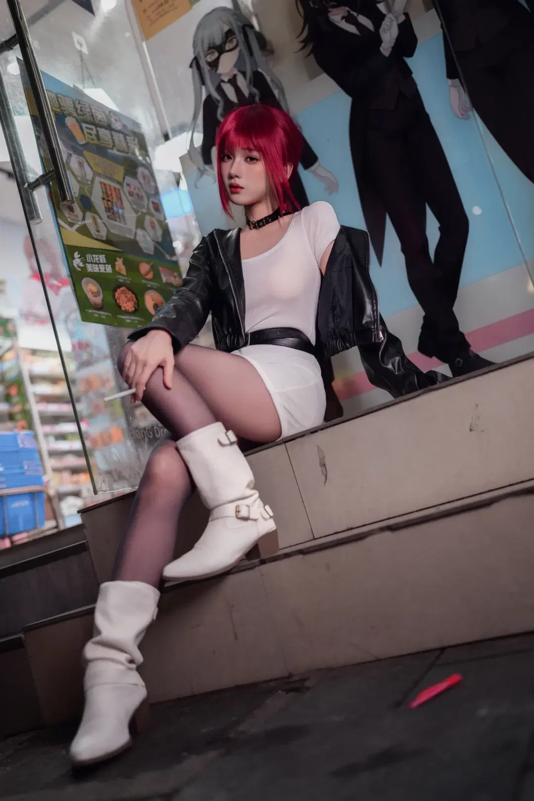 【田山小姐cos】夜色街頭裡的呑雲吐霧，這身皮衣配短裙太有感覺了 - 大橘 - 第5張