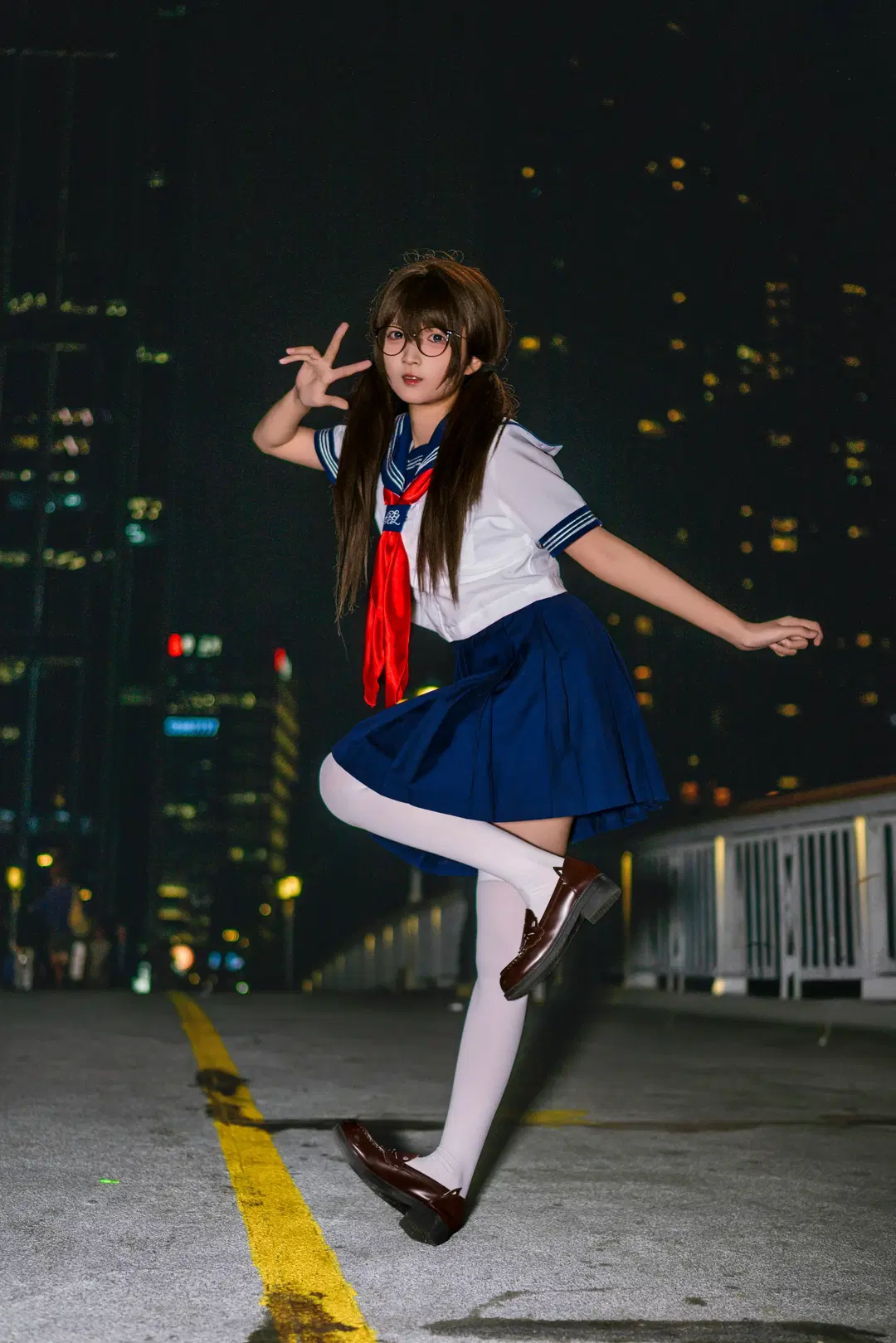 夜拍水手服，白丝眼镜娘的校供感随拍 - 大橘 - 第14张