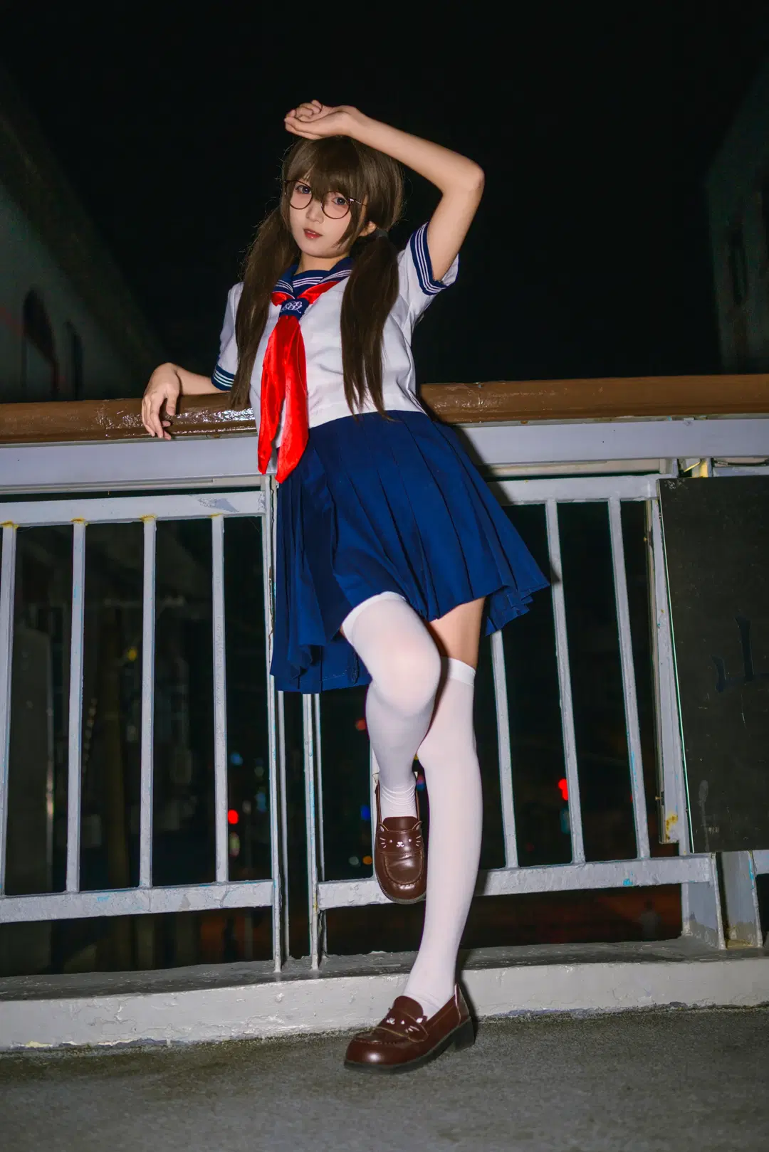 JK制服, 白丝, 夜景人像, 水手服, 眼镜娘