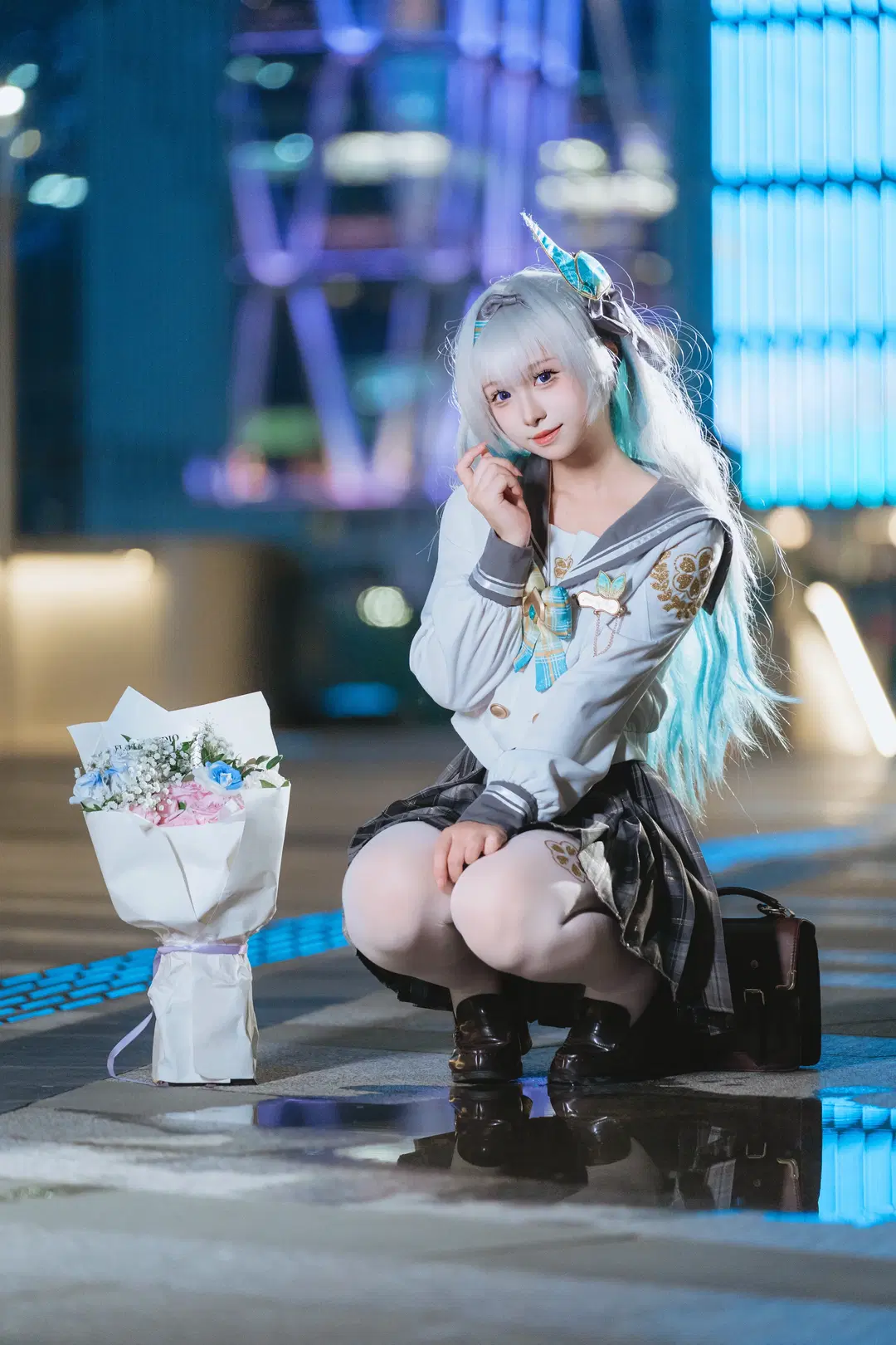 崩壊：スターレイル, 雰囲気のある写真, ホタル コスプレ, 白いタイツ, 夜景JK