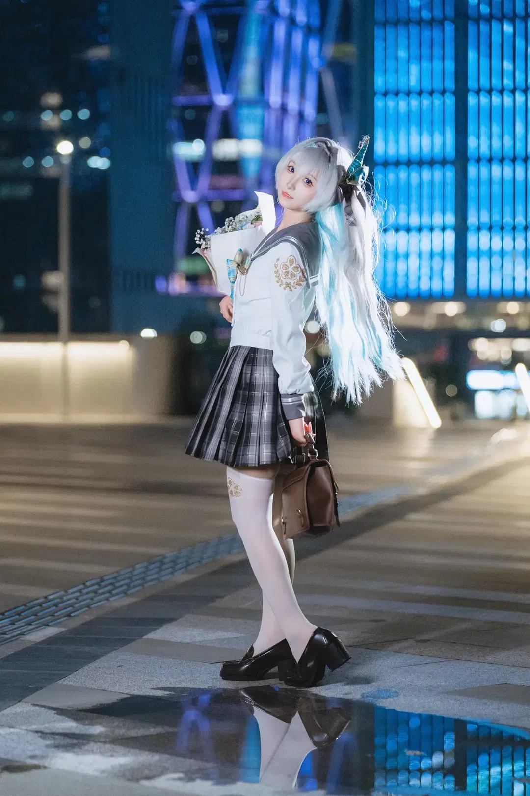 Honkai: Star Rail, Firefly cosplay, JK uniform, White stockings, Night view cosplay