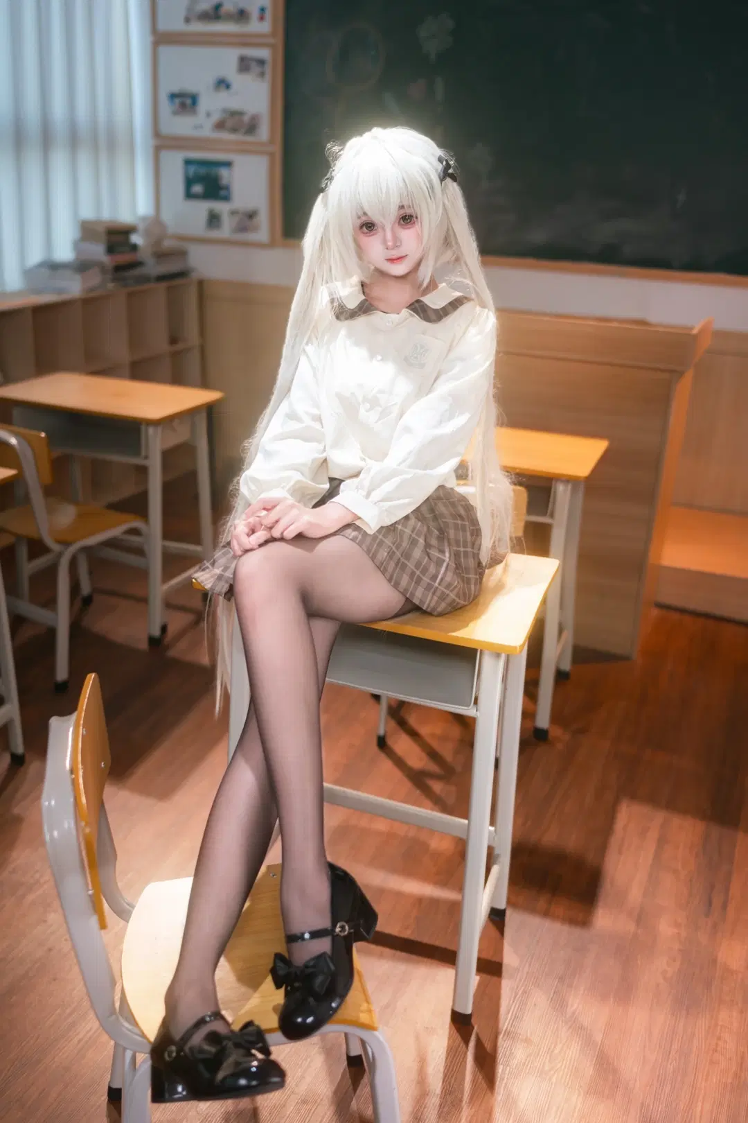 校服, 春日野穹cos, 缘之空, 双马尾, 黑丝cos