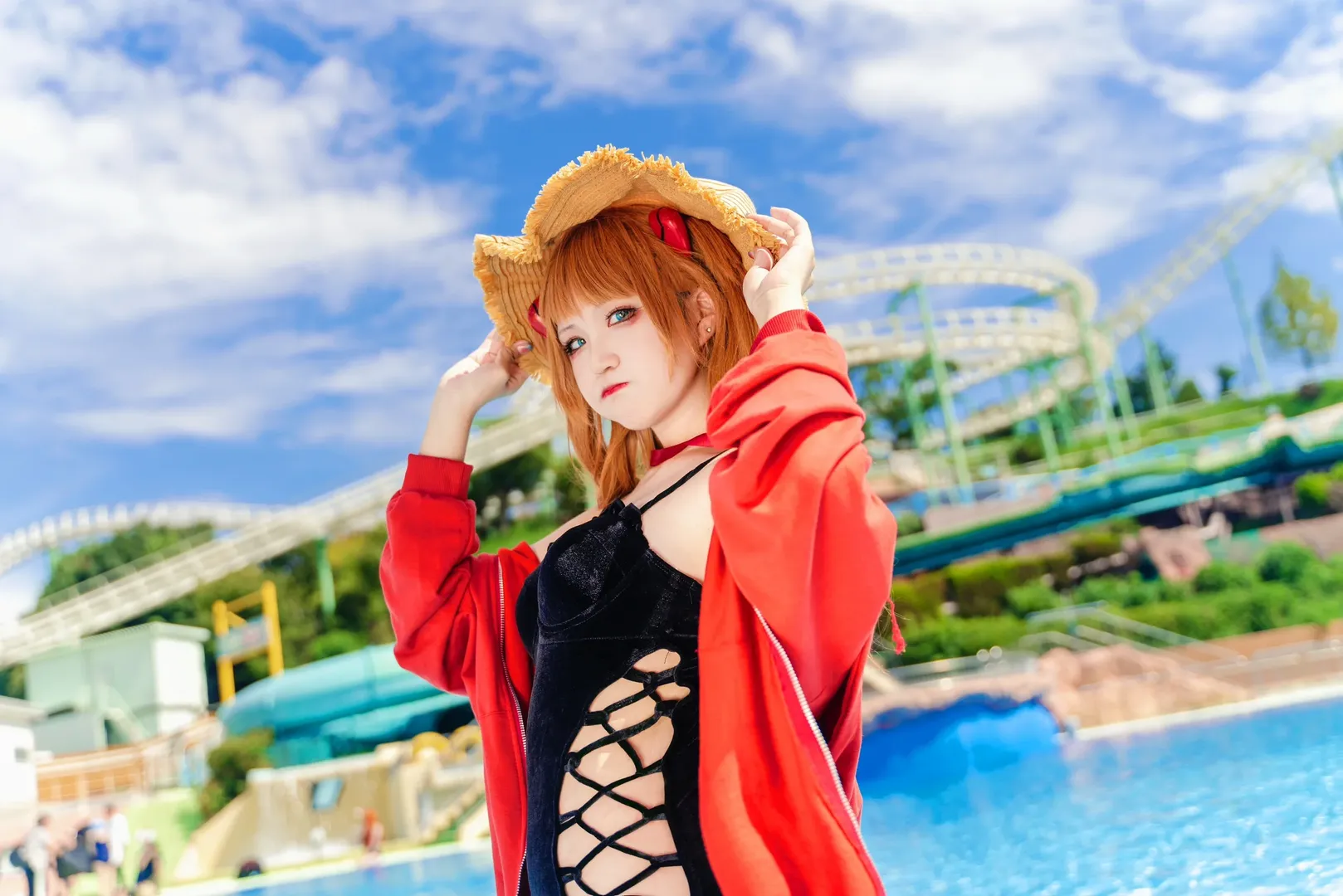 Asuka Cosplay, EVA, Japanese anime convention, Custom-matched swimsuit, Pool photography