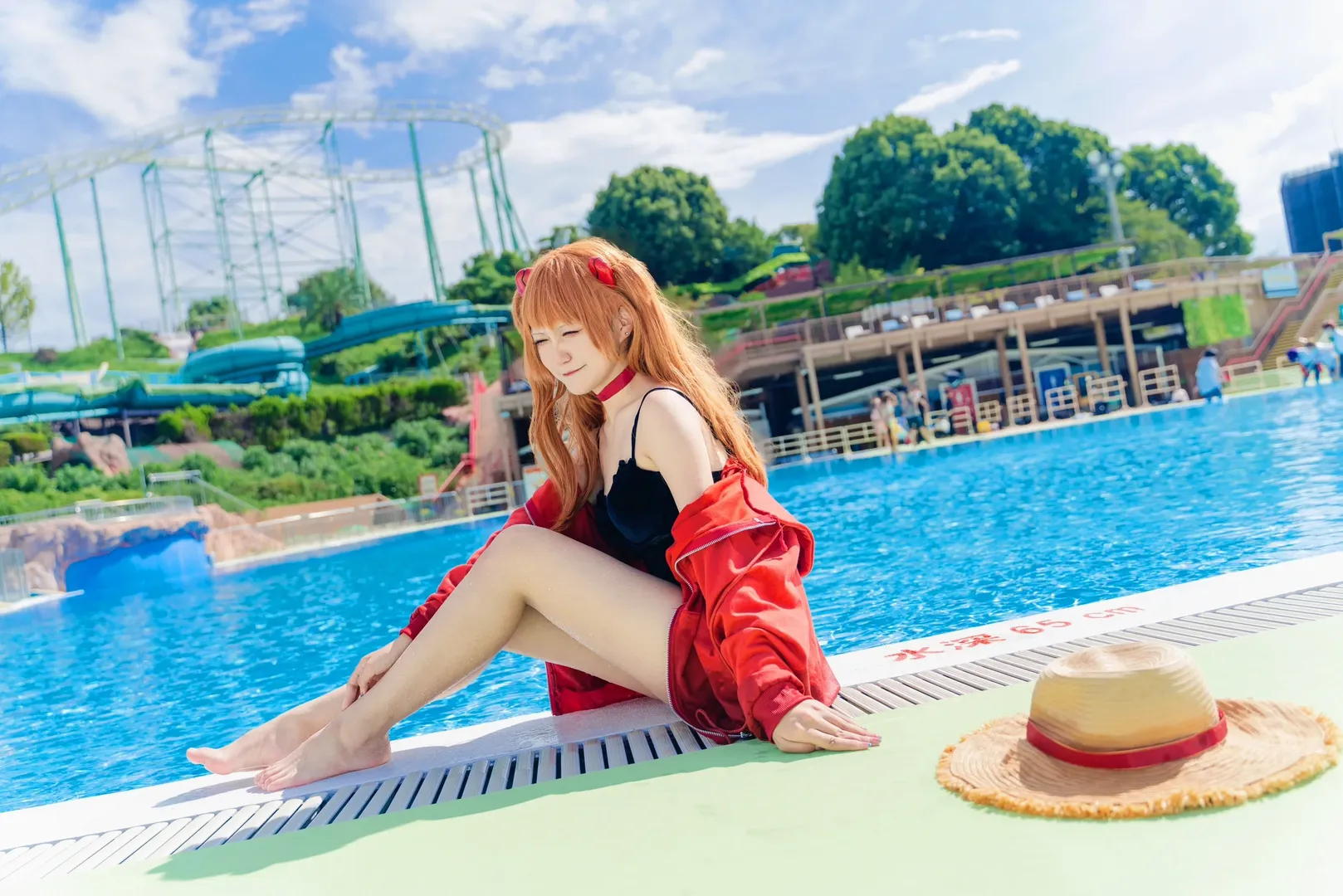 Asuka Cosplay, EVA, Japanese anime convention, Custom-matched swimsuit, Pool photography - Image 2