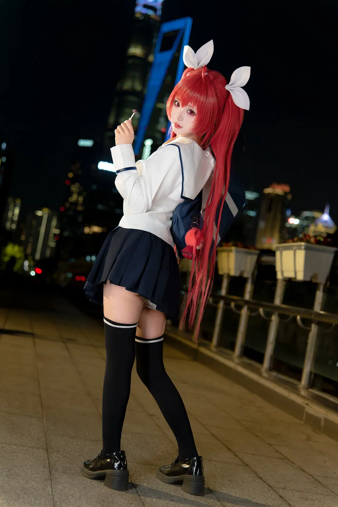 水手服, 约会大作战, 五河琴里cos, 过膝袜, 夜景天台